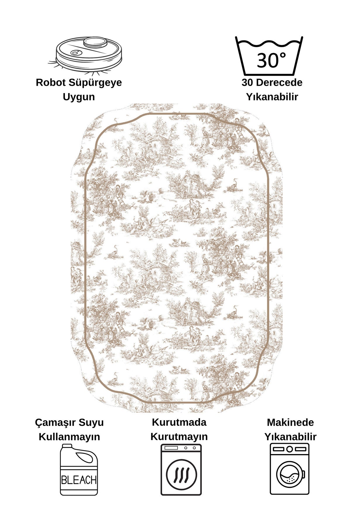 Toile de Jouy Themed Single Latex Base Bathroom Mat (80X120)