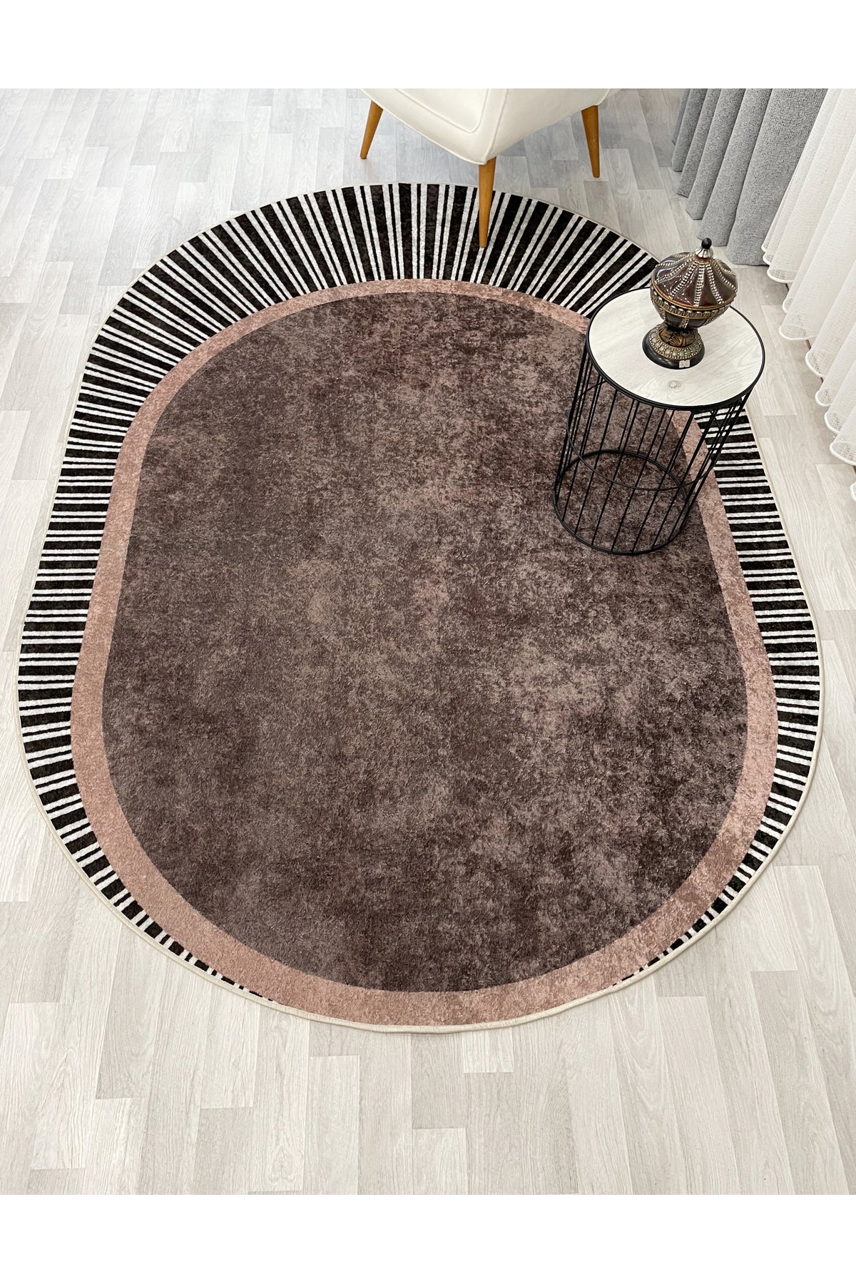 GREEN Striped Oval Non-Slip Base Rug