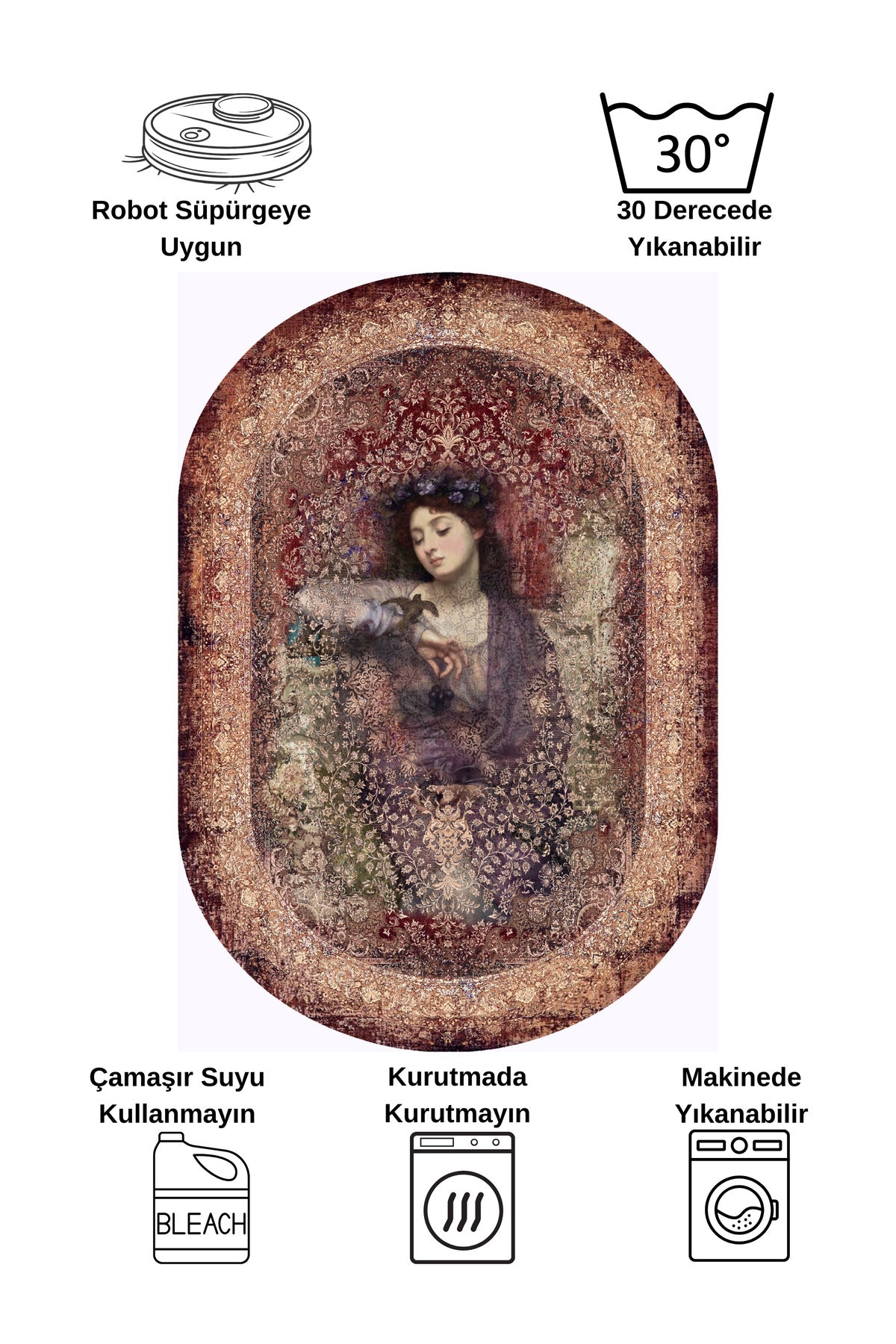 Brown-Red Distressed Vintage Ethnic Patterned Oval Latex Base Rug