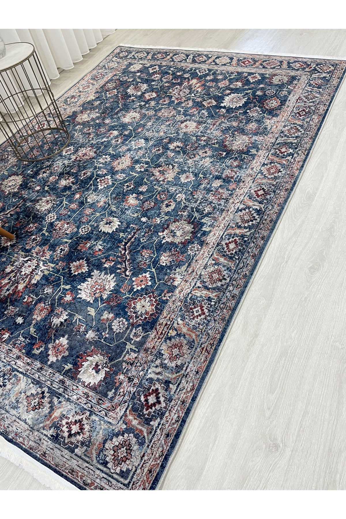 Navy Blue Distressed Look Latex Non-Slip Base Rug