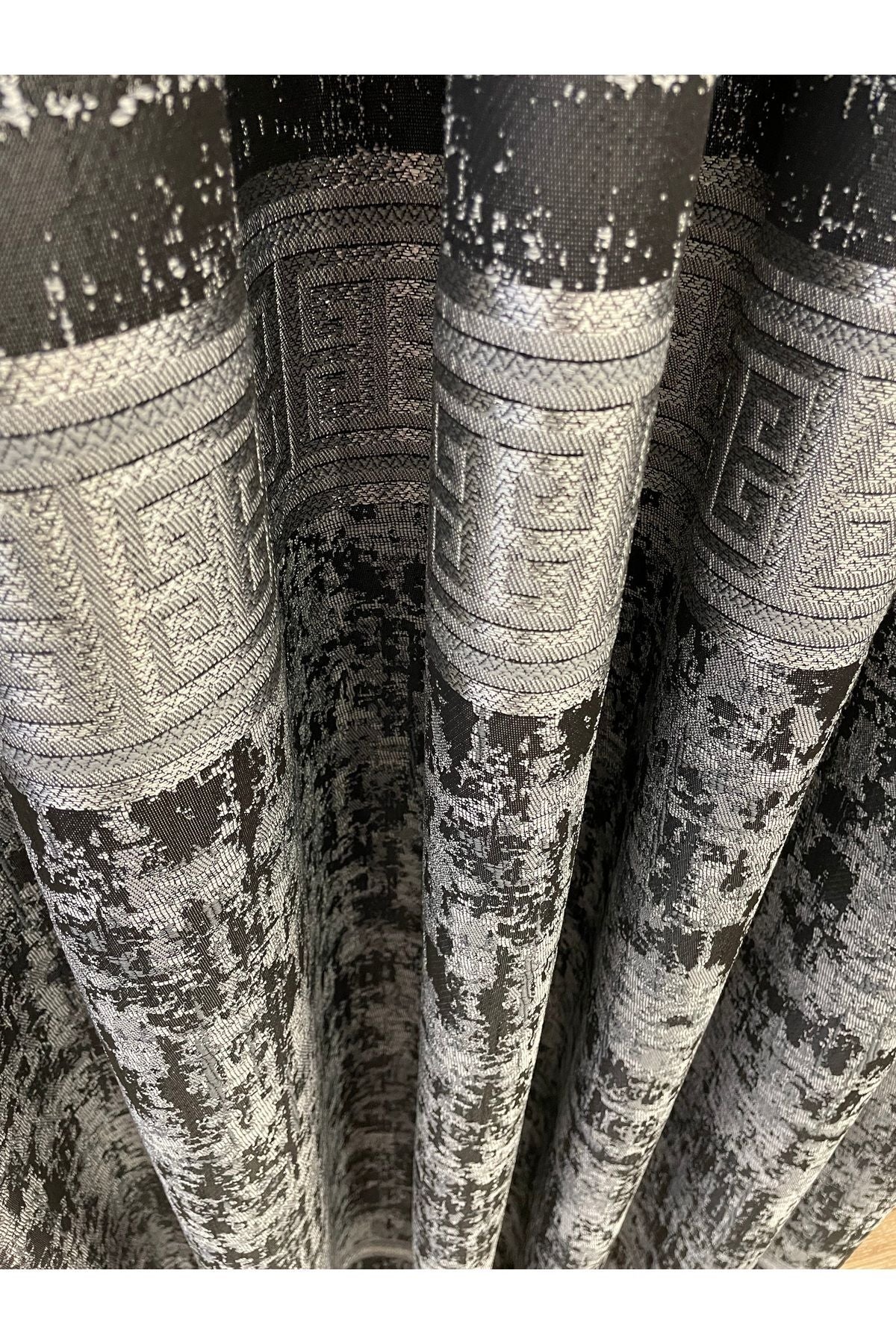 Gray Anthracite Bordered Pattern 1/3 Tight Pleat Jacquard Woven Blackout Curtain