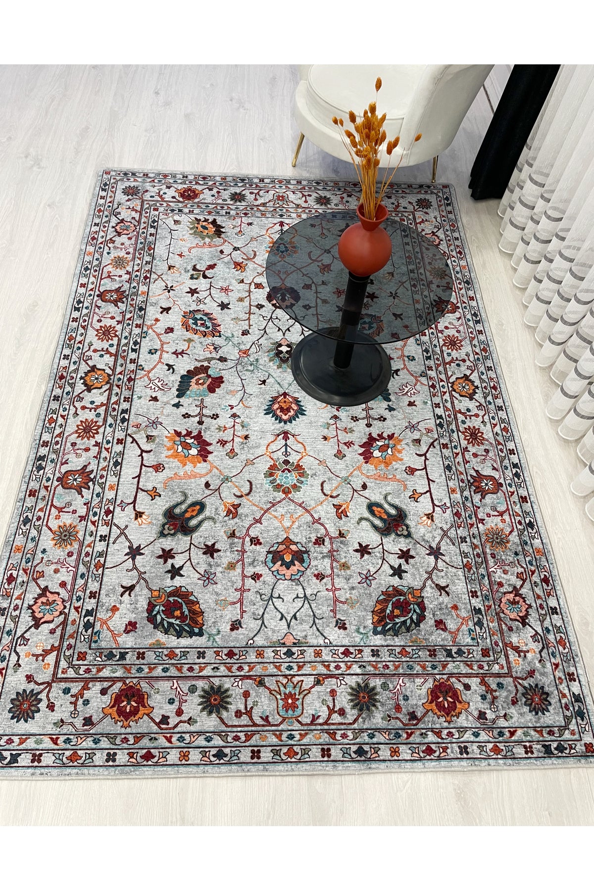 Gray Vintage Floral Latex Non-Slip Base Rug