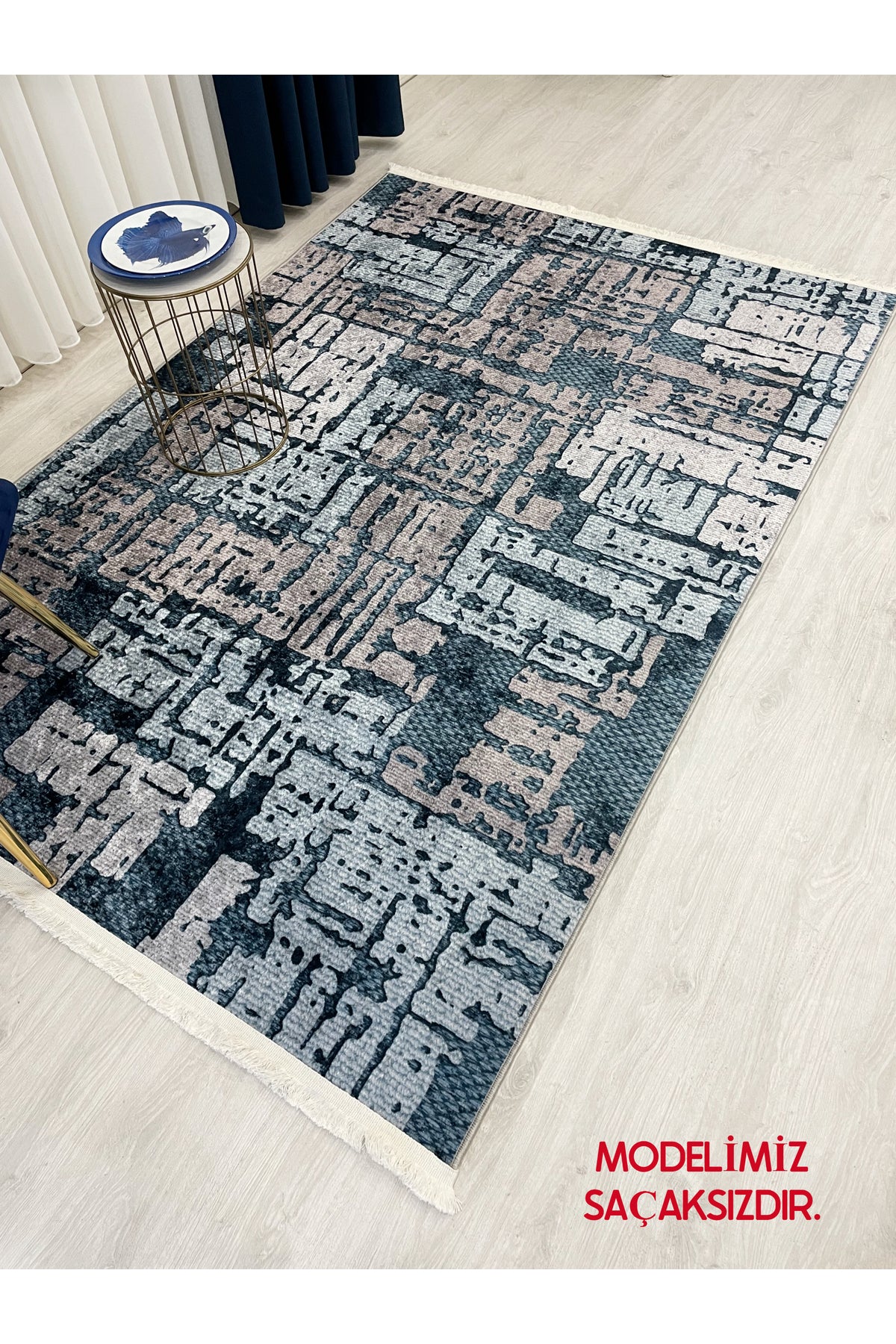 Beige-Blue Abstract Textured Look Latex Leather Base Rug