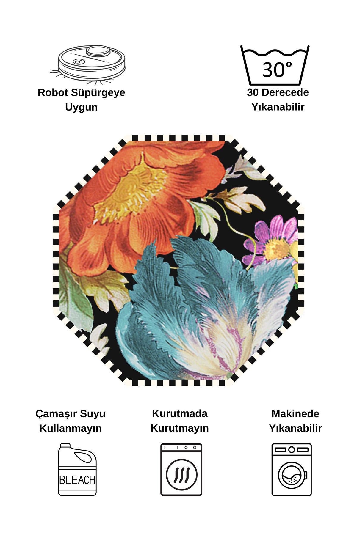 Octagonal Checkered Floral Pattern Latex Base Rug