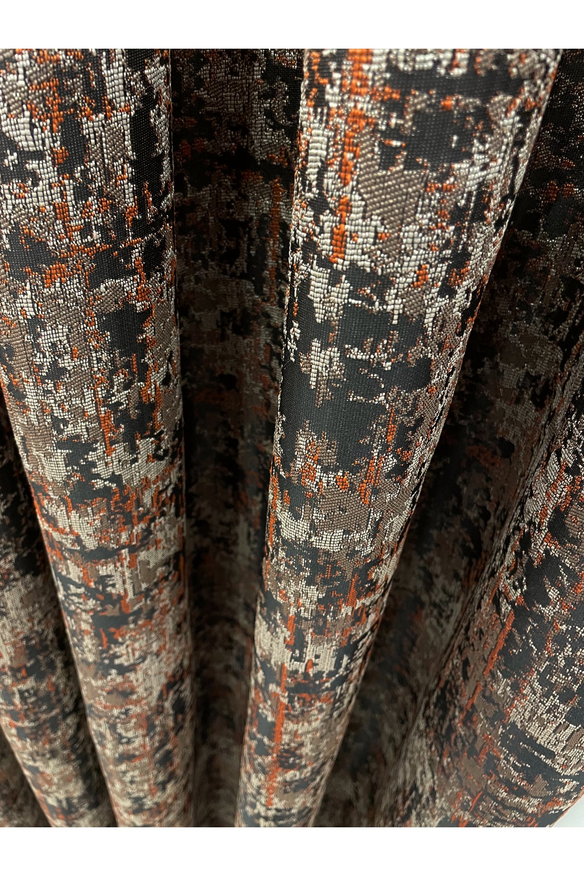 Orange - Brown Abstract Pattern 1/3 Tight Pleat Jacquard Woven Blackout Curtain