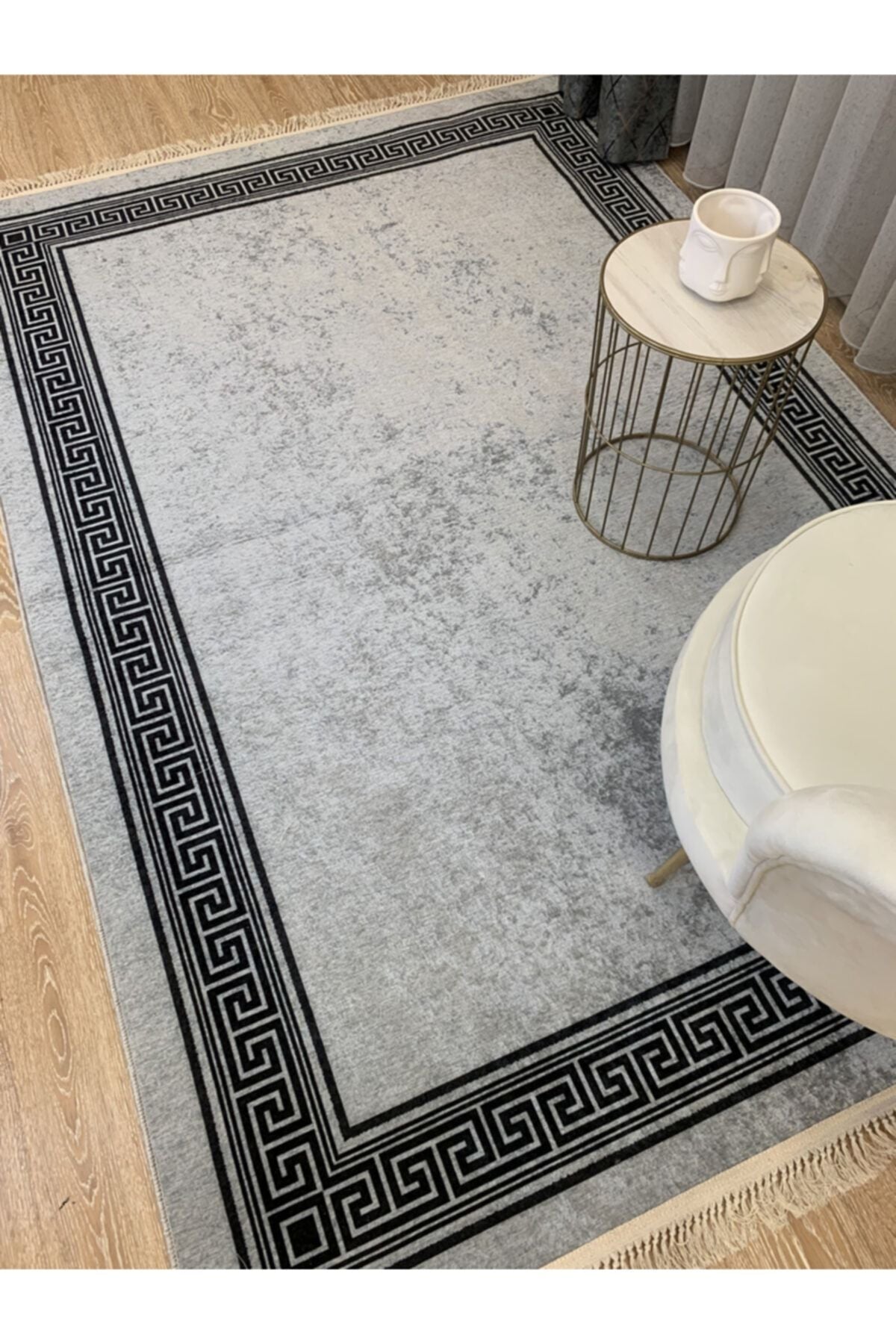 Brown Mink Bordered Latex Base Fringed Rug