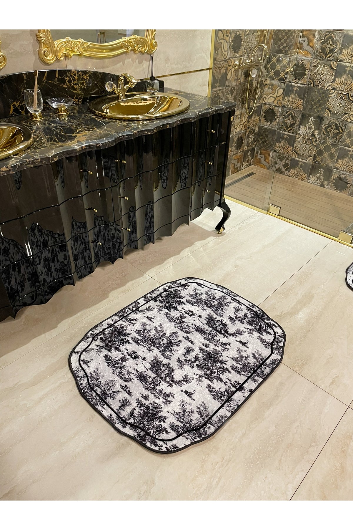 Toile de Jouy Themed Single Latex Base Bathroom Mat (80X120)