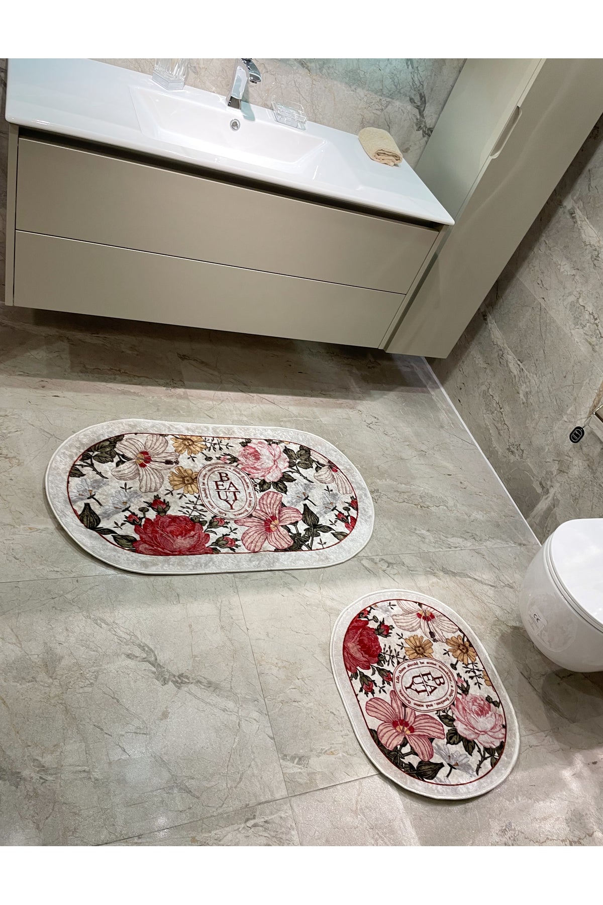 2-Piece Floral Pattern 60x100 - 60x50 Beauty Latex-Backed Bath Mat Set