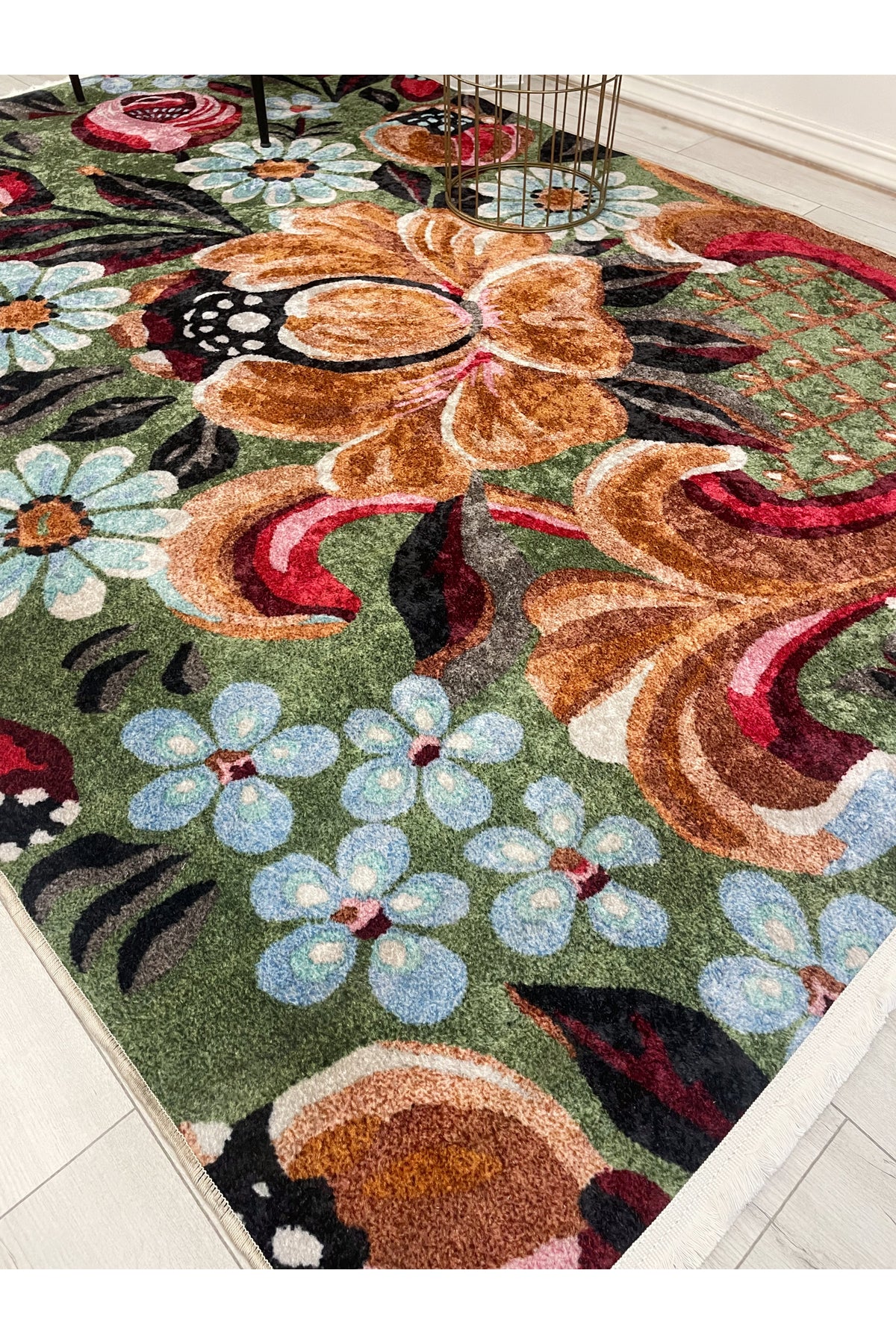 Green Floral Pattern Latex Base Rug