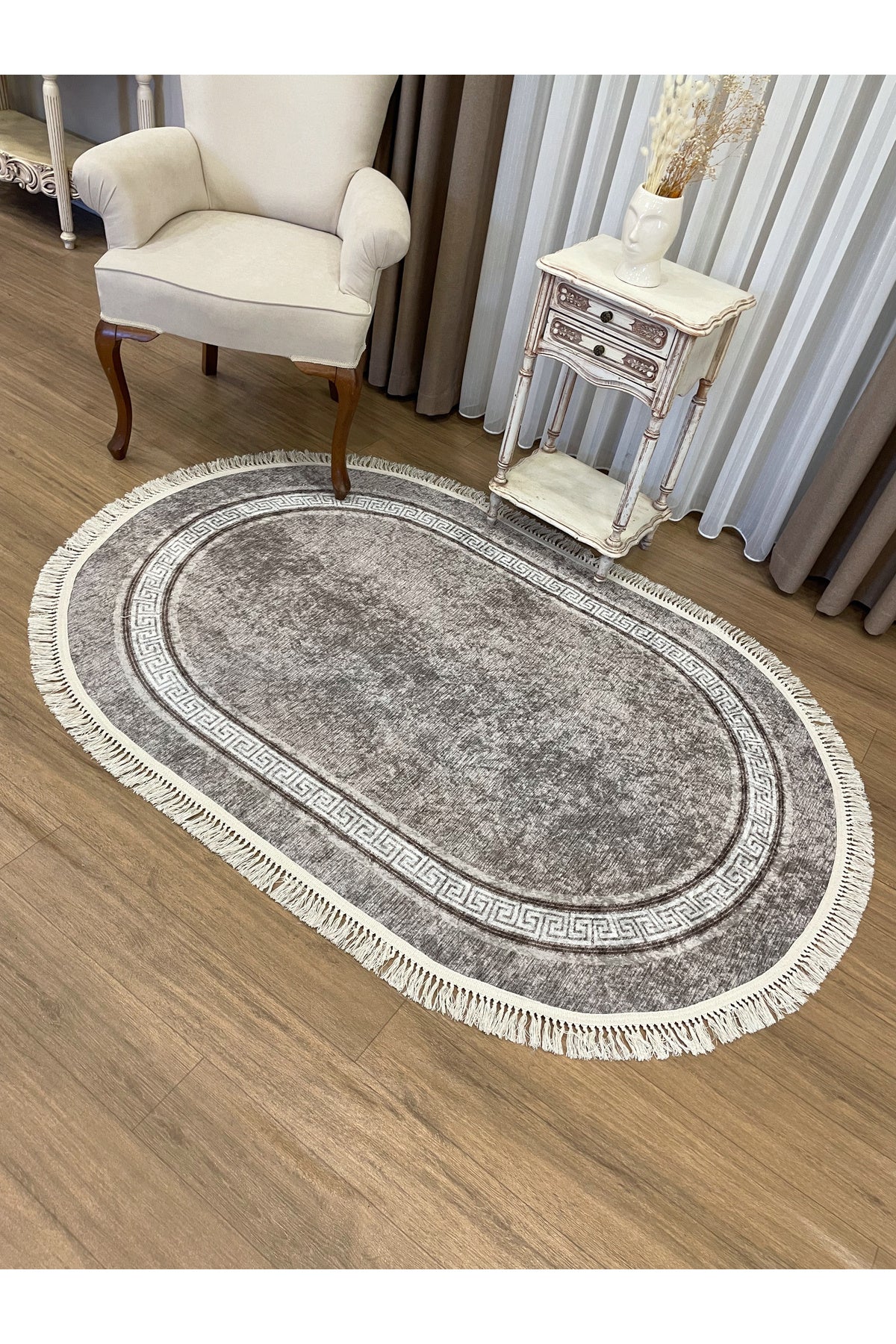 Brown Mink Bordered Latex Base Fringed Rug