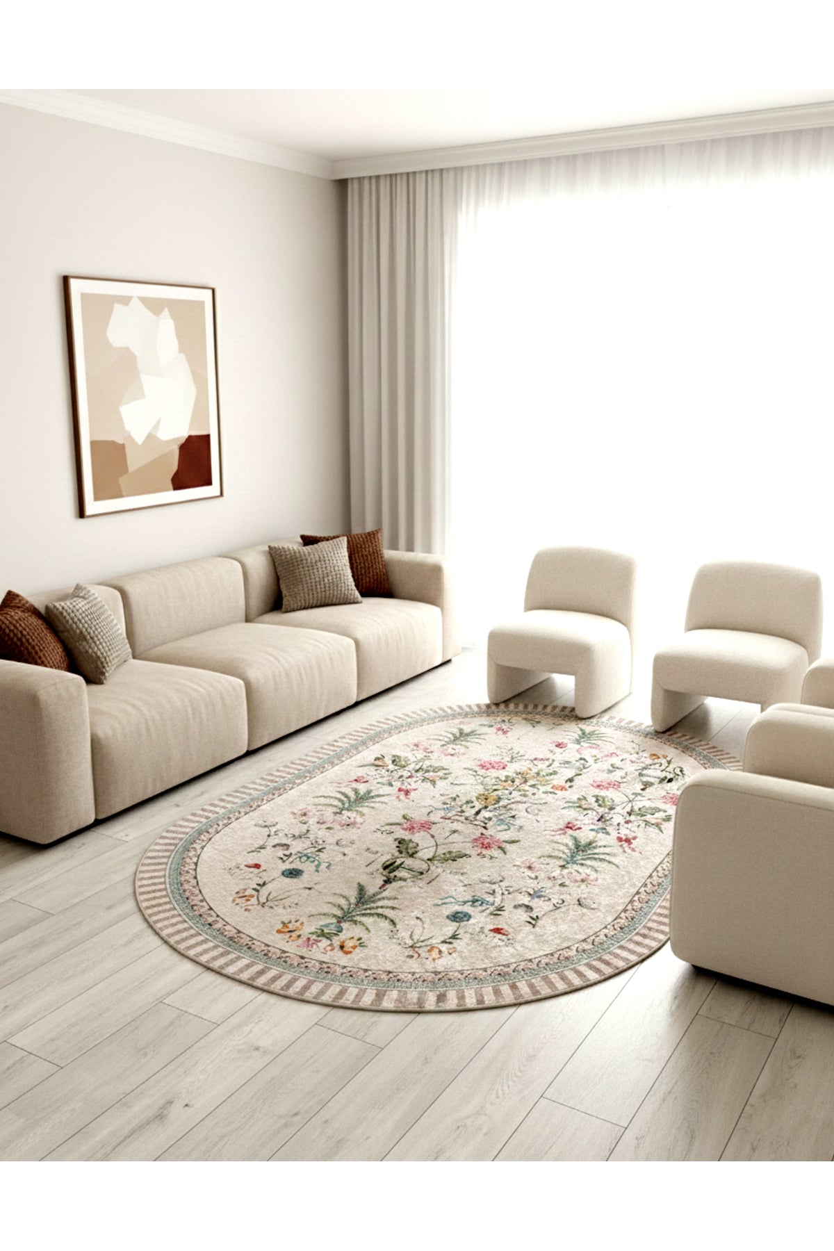 Beige Floral Bird Patterned Latex Leather Base Rug