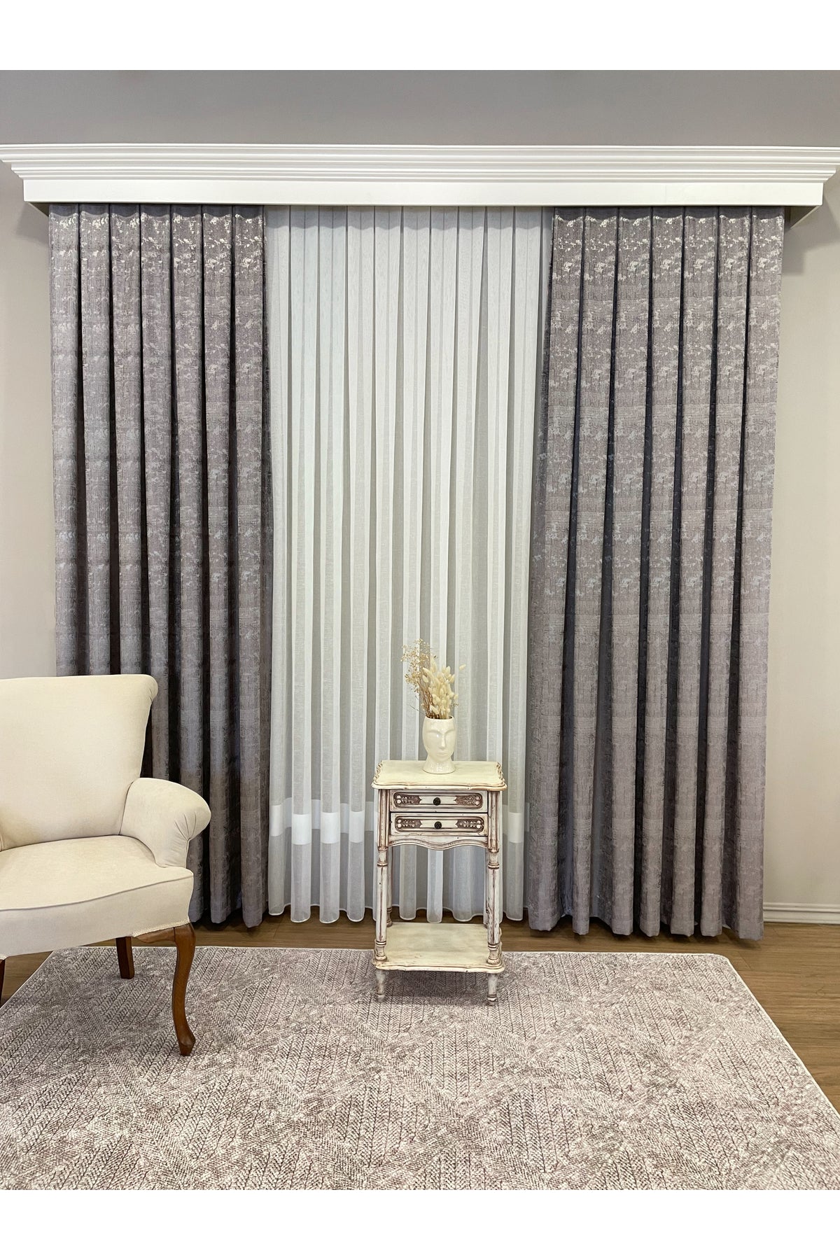 Gray - Mink - Jacquard Self-Patterned 1/3 Pleated Blackout Curtain