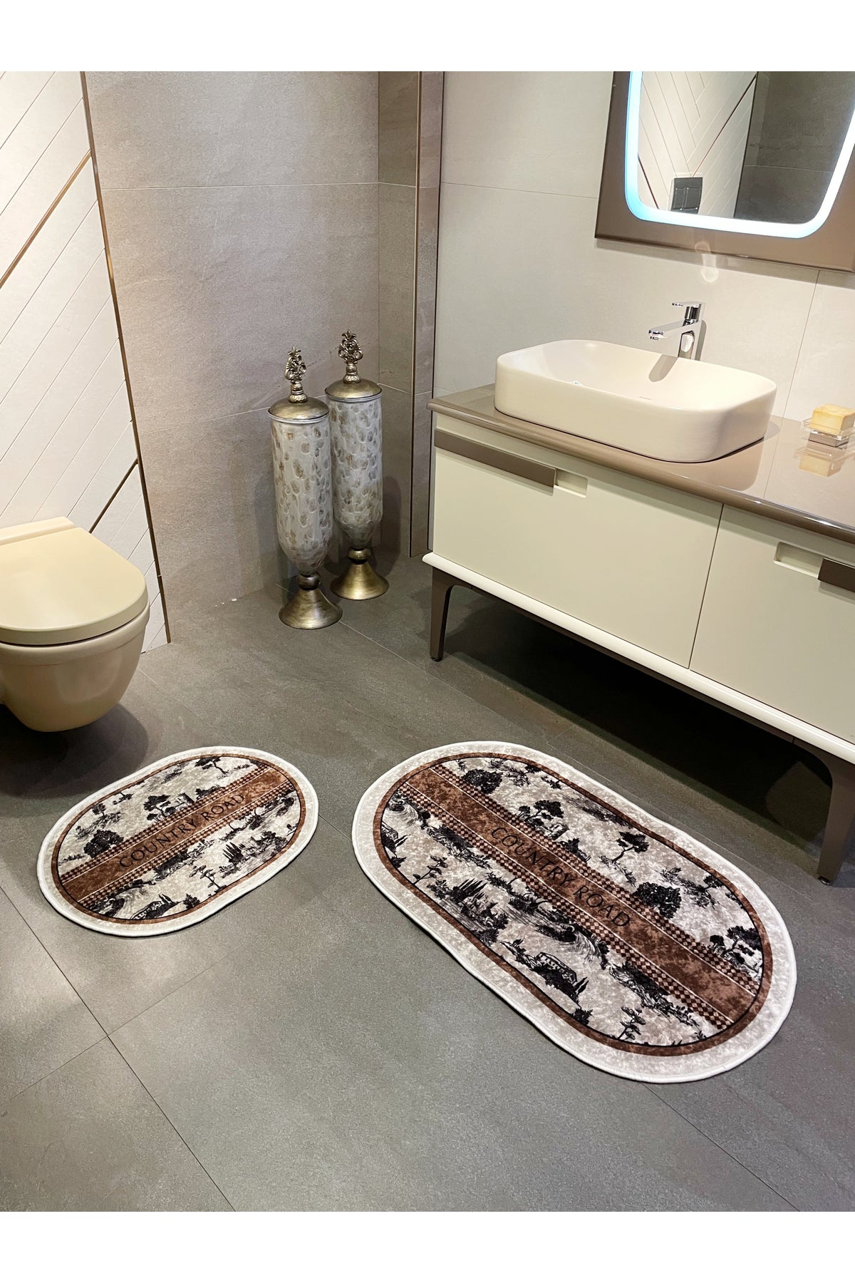 2 li Kahverengi 60x100 - 60x50 Country Desenli Lateks Taban Banyo Paspas