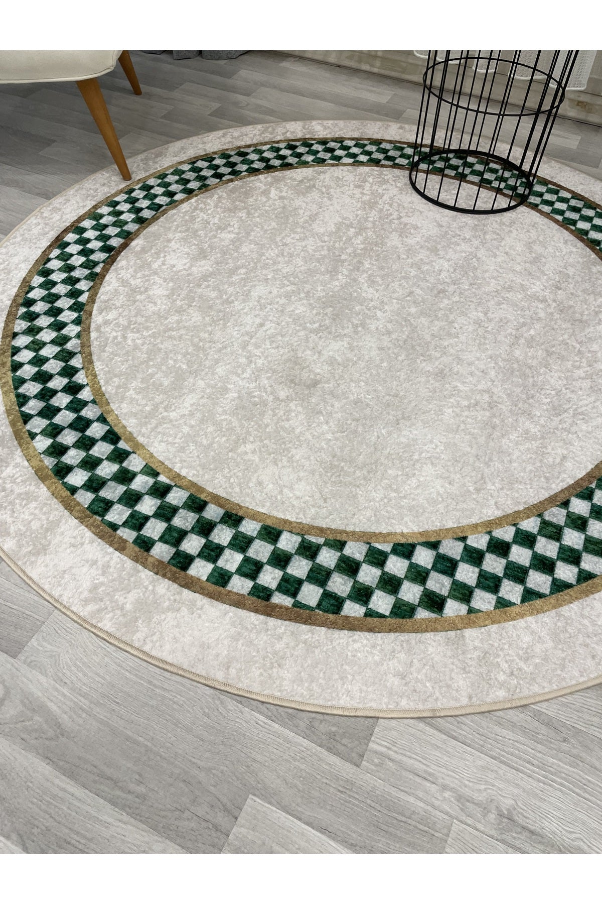 Beige Green Checkered Non-Slip Base Rug