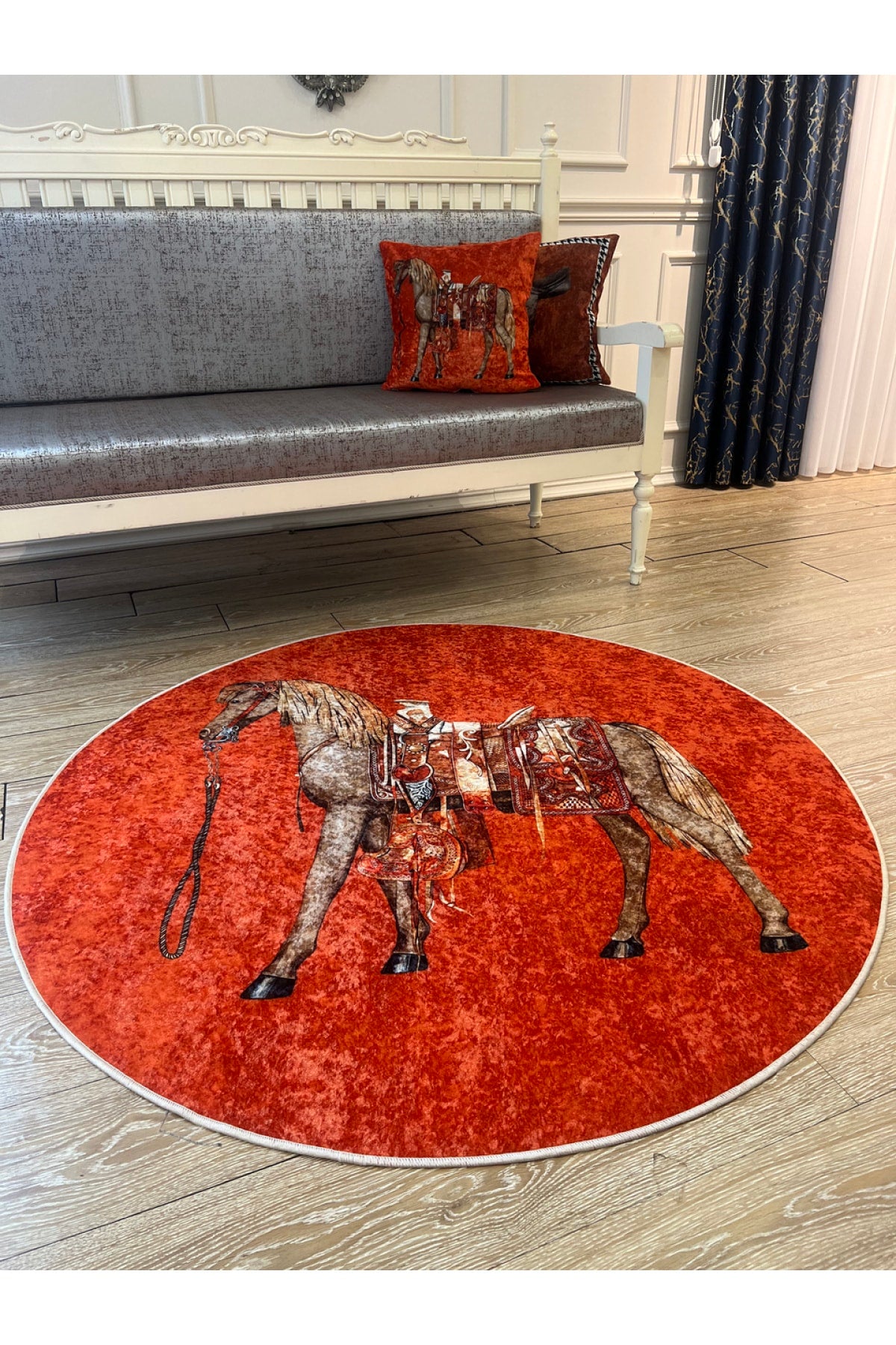 Horse Pattern Latex-Backed Round Rug