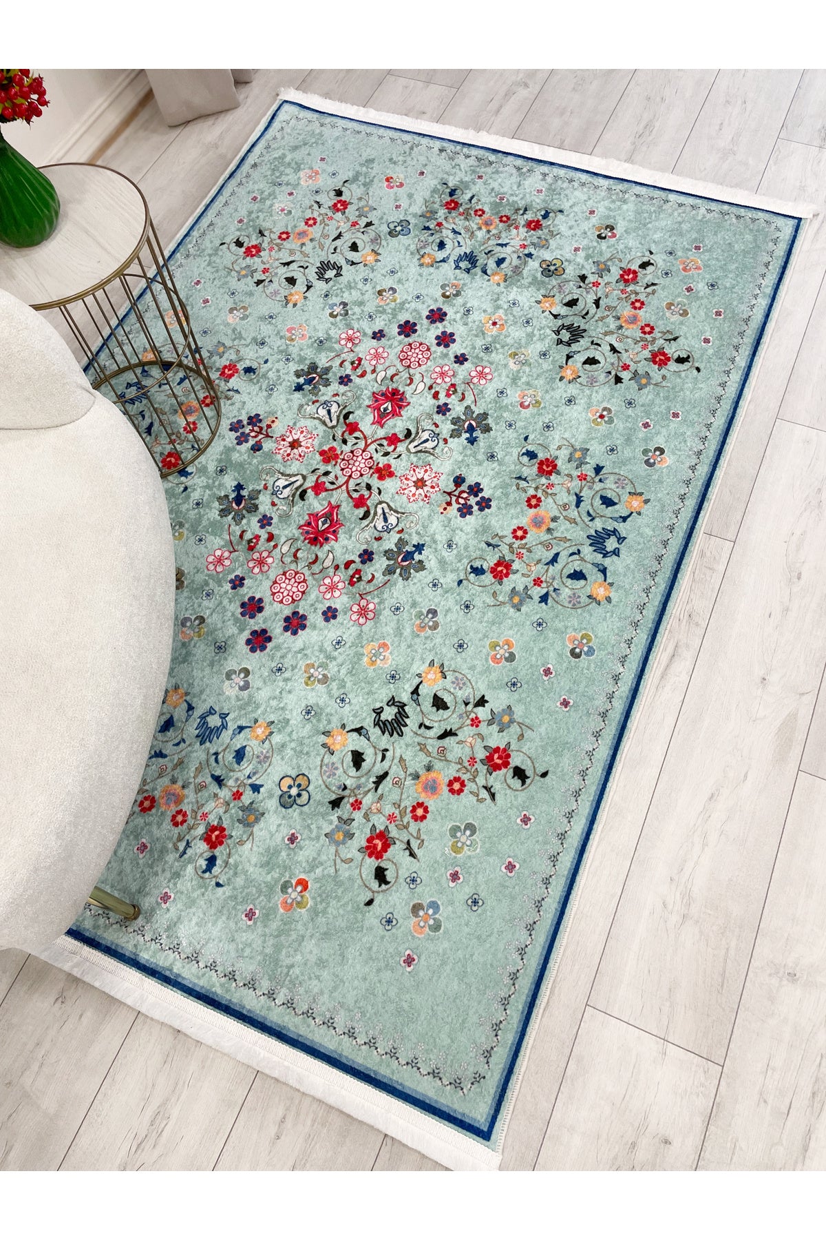 BEIGE Floral Patterned Vintage Latex Base Rug