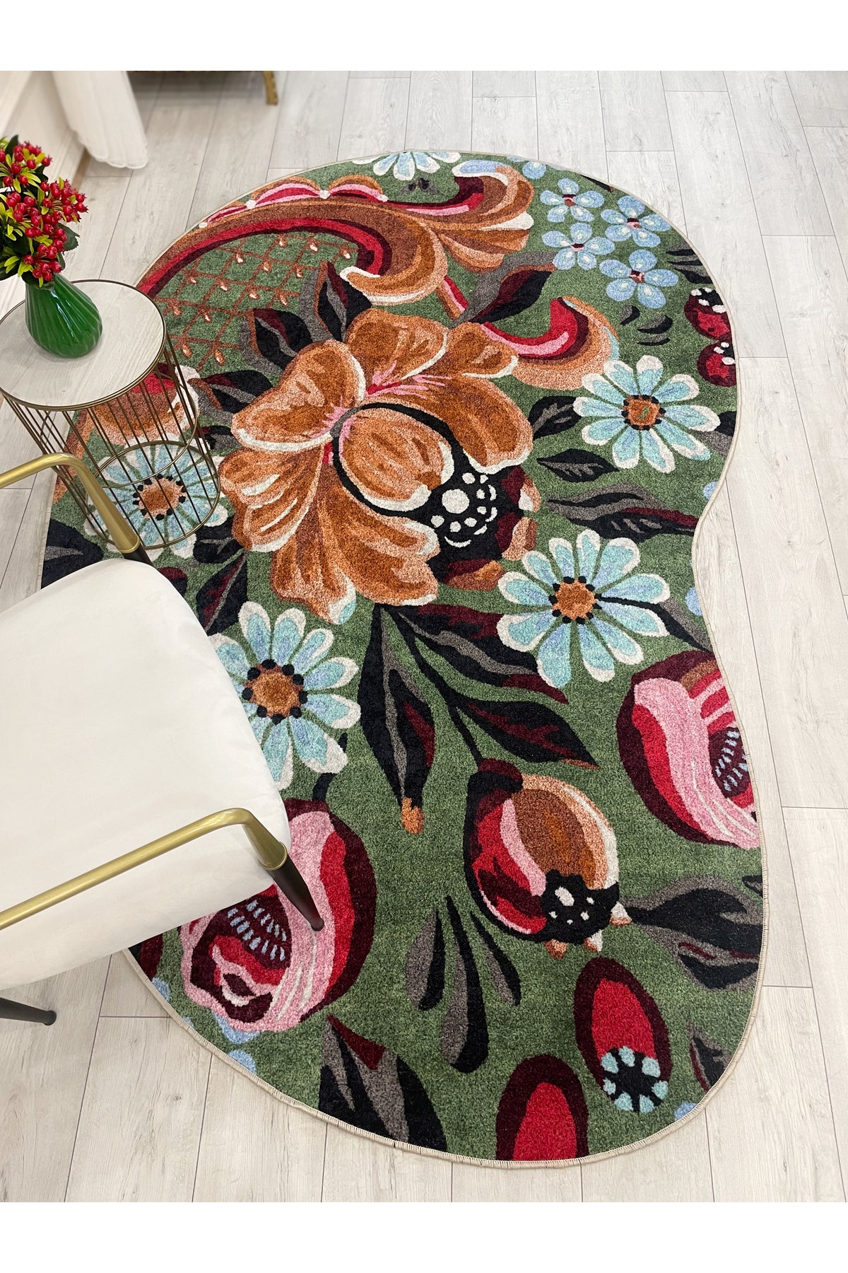Green Floral Pattern Latex Base Rug