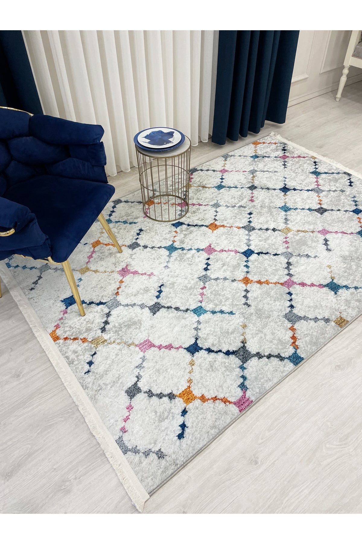 Cream-Gray Embossed Look Latex Leather Base Rug