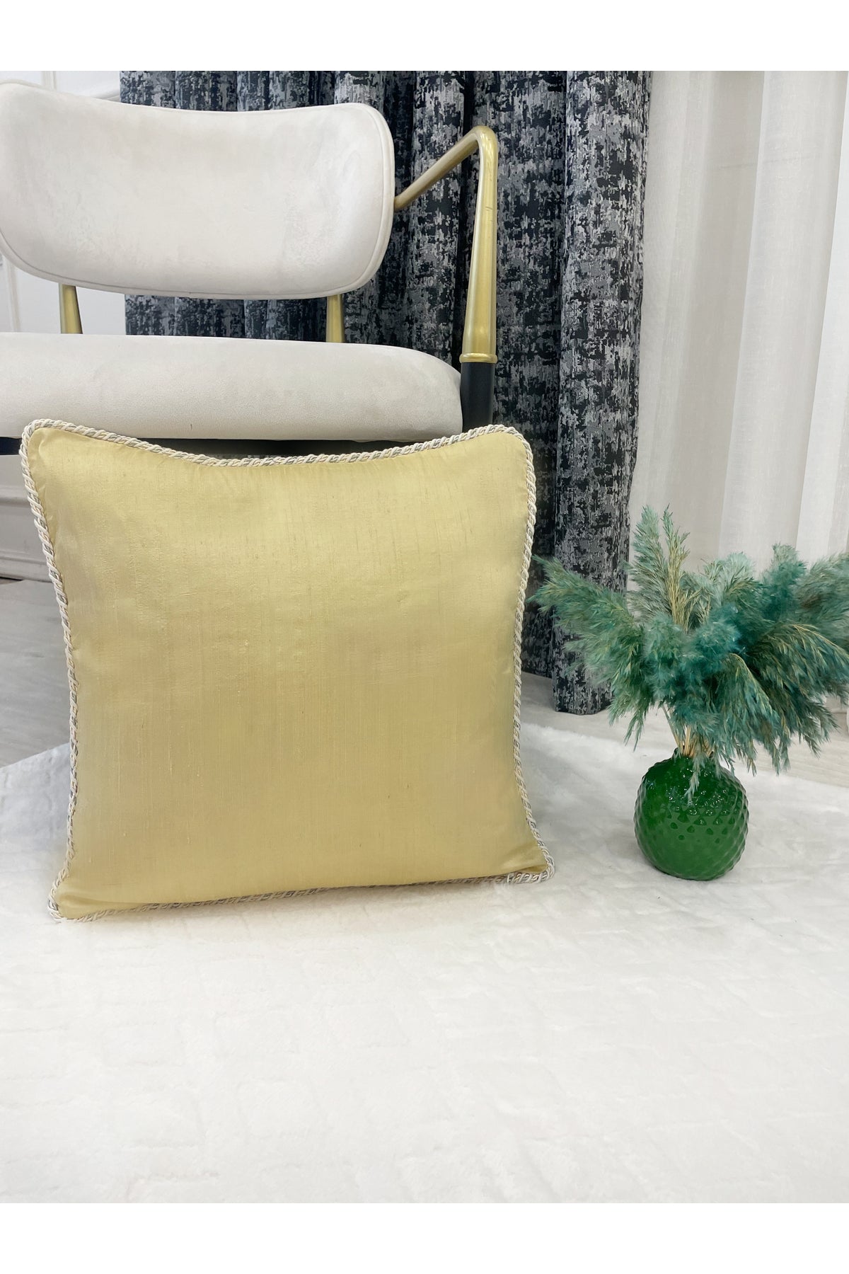 Imported Silk Cushion Pillow Cover with Cord (45x45) (Pastel Yellow) Pink Cord