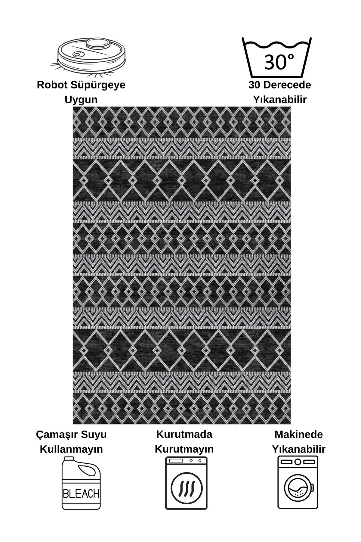 Gray Black Scandinavian Style Kilim Pattern Runner Latex Rug