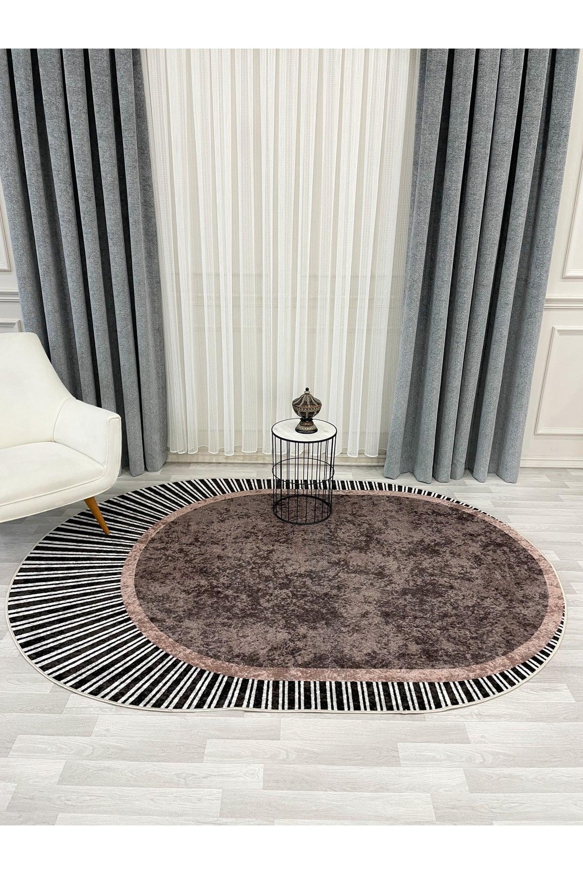 GREEN Striped Oval Non-Slip Base Rug