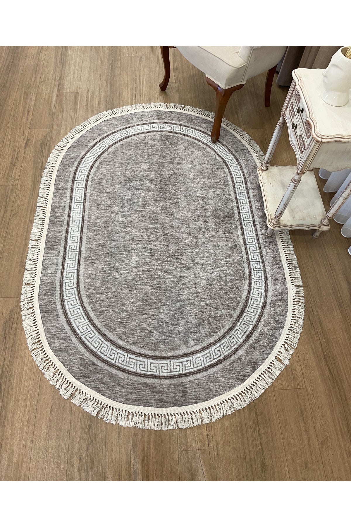 Brown Mink Bordered Latex Base Fringed Rug