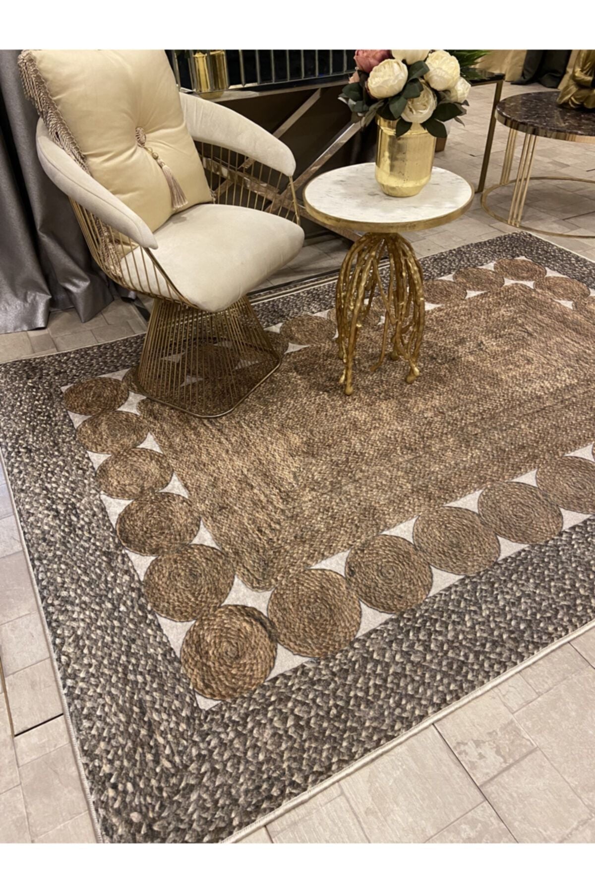 Jute Sisal Look 3D Colorful Latex Leather Base Waterproof Stain-Resistant Rug