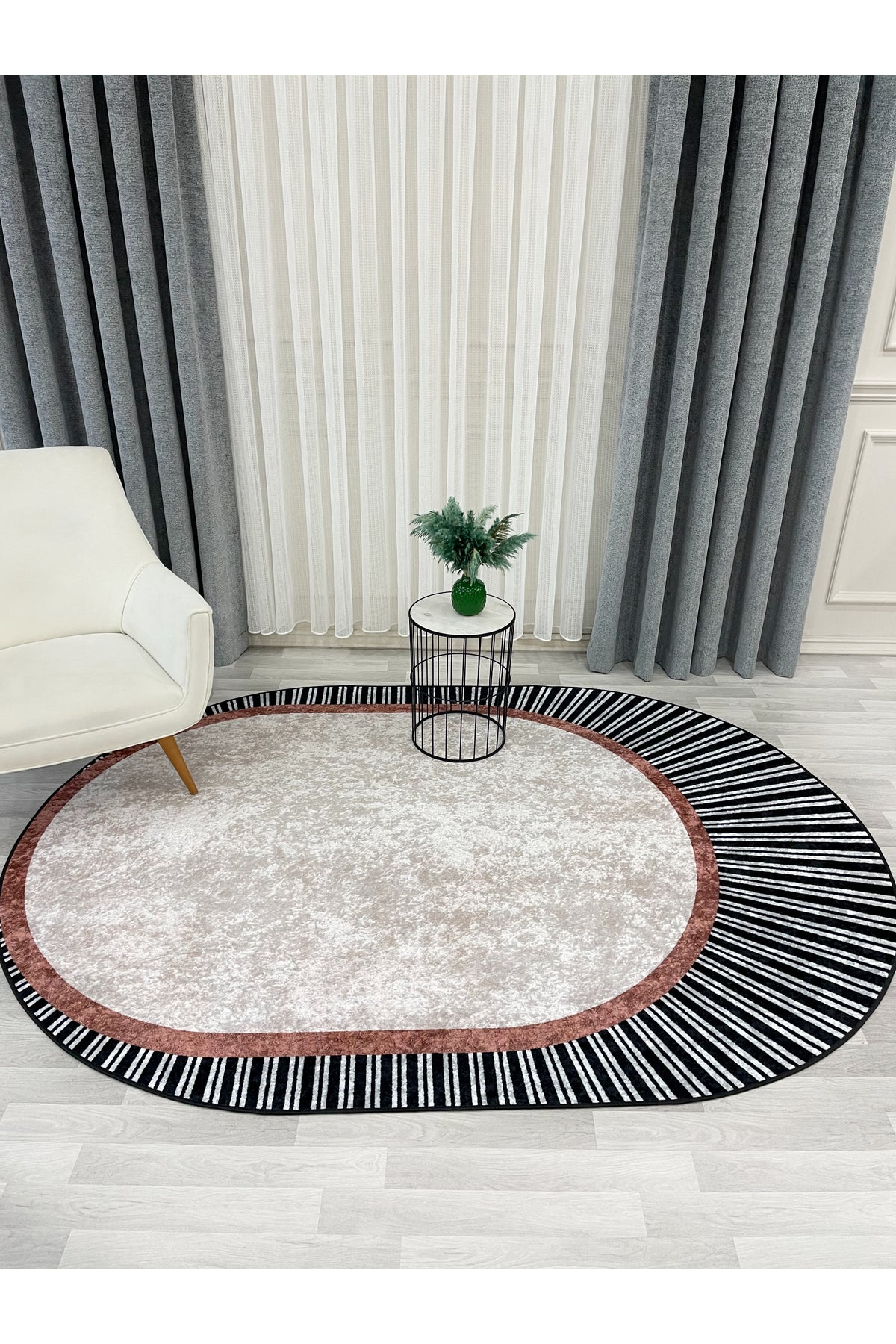 GREEN Striped Oval Non-Slip Base Rug