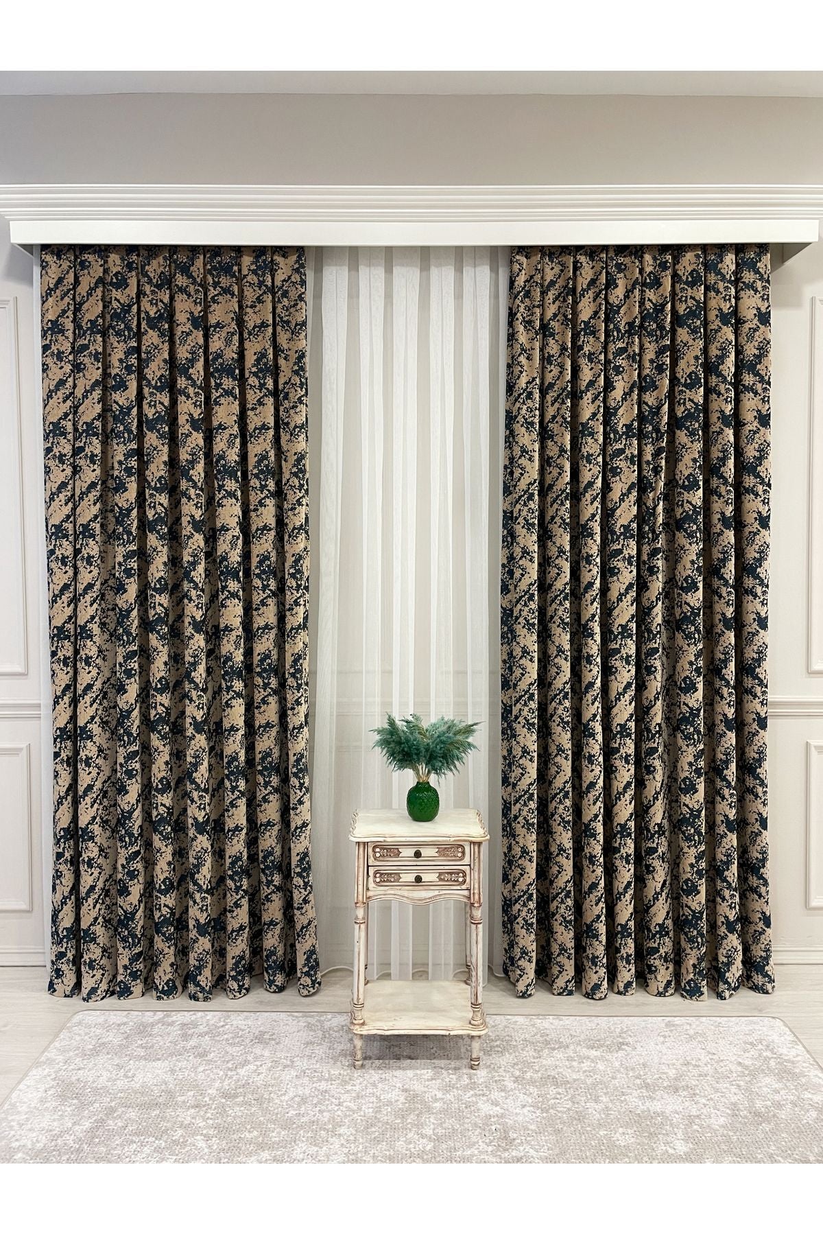 Brown-Navy Blue Chenille Pattern Jacquard 1/3 Dense Pleated Jacquard Blackout Curtain