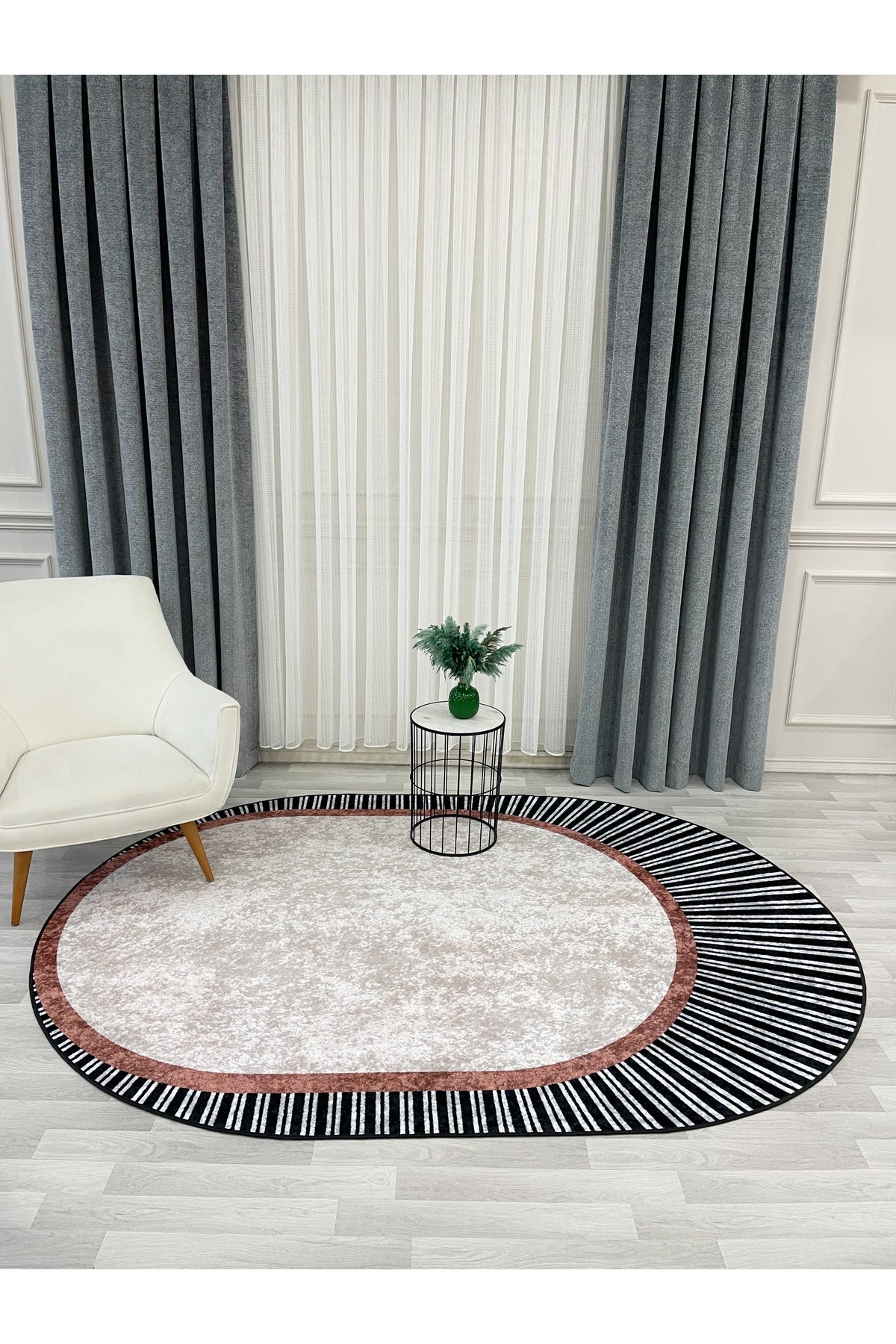 GREEN Striped Oval Non-Slip Base Rug