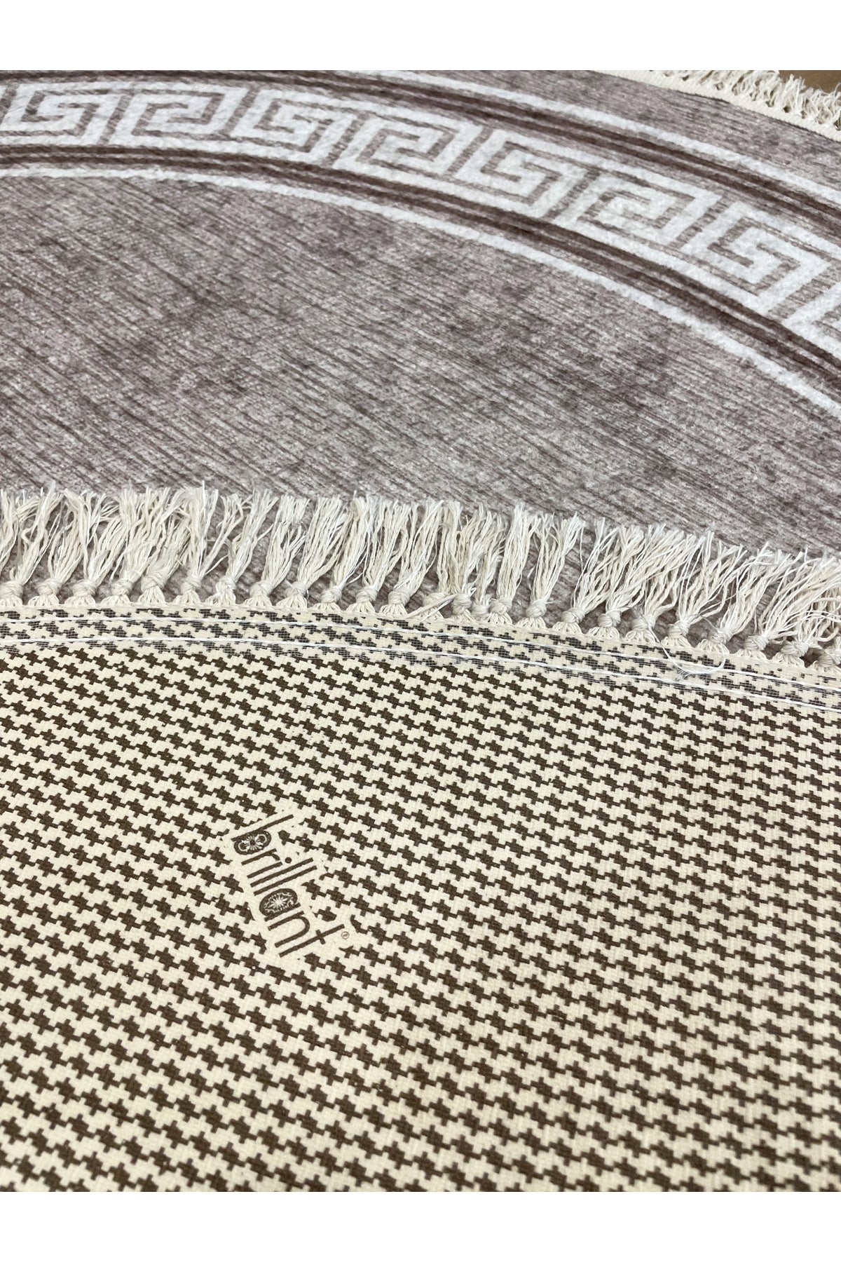 Brown Mink Bordered Latex Base Fringed Rug