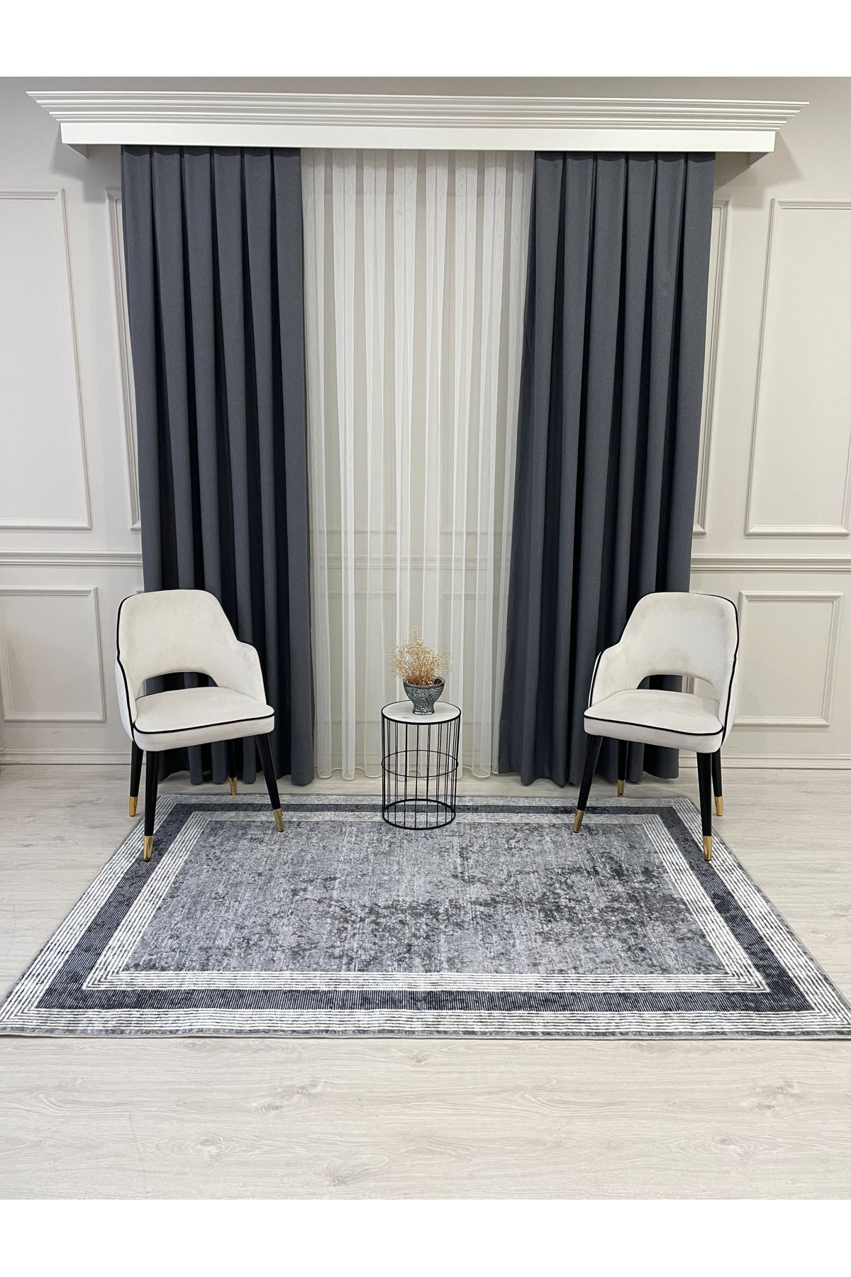 Light Gray Bordered Pattern Latex Leather-Backed Rug