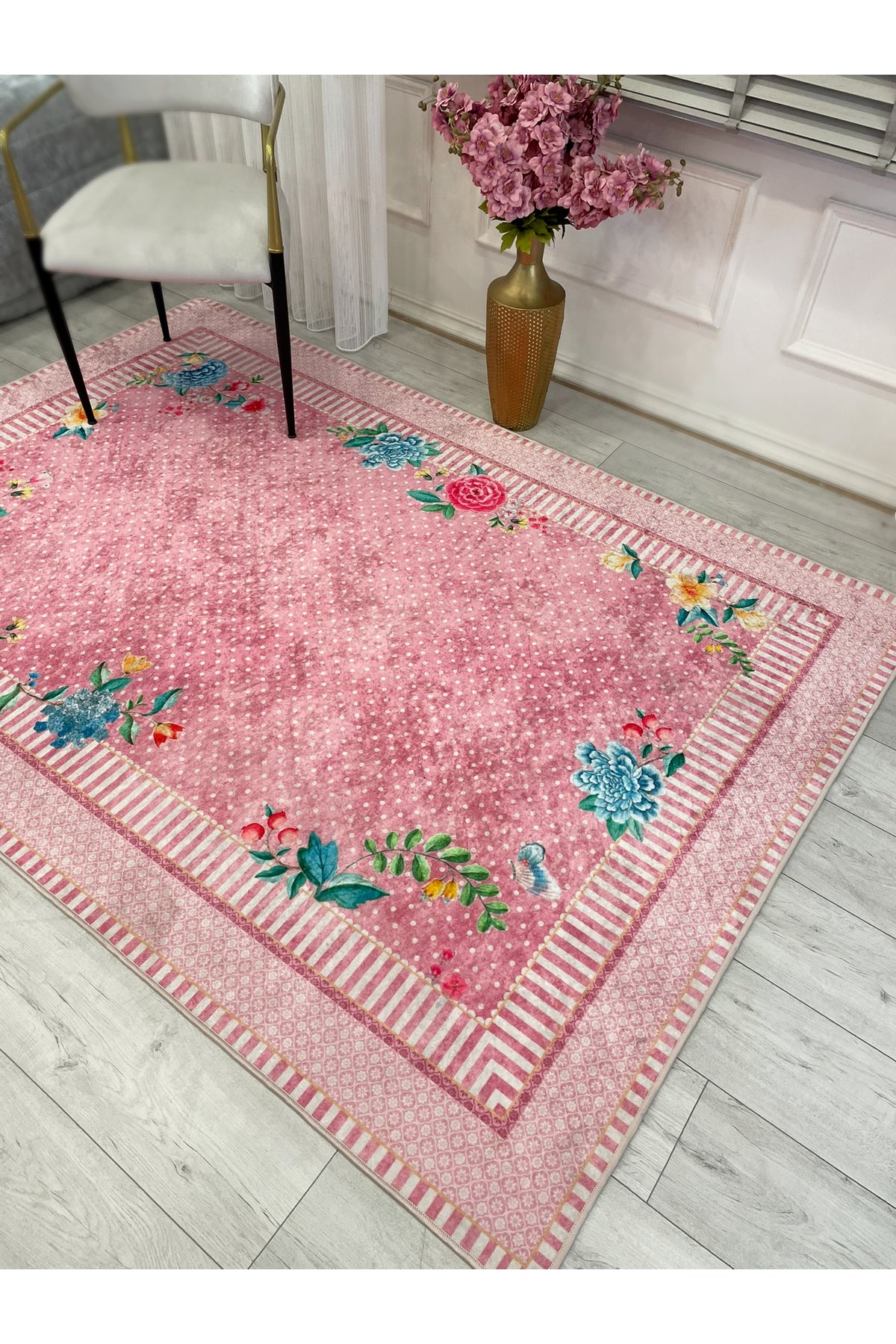 Blue Ground Rose Pattern Non-Slip Rug