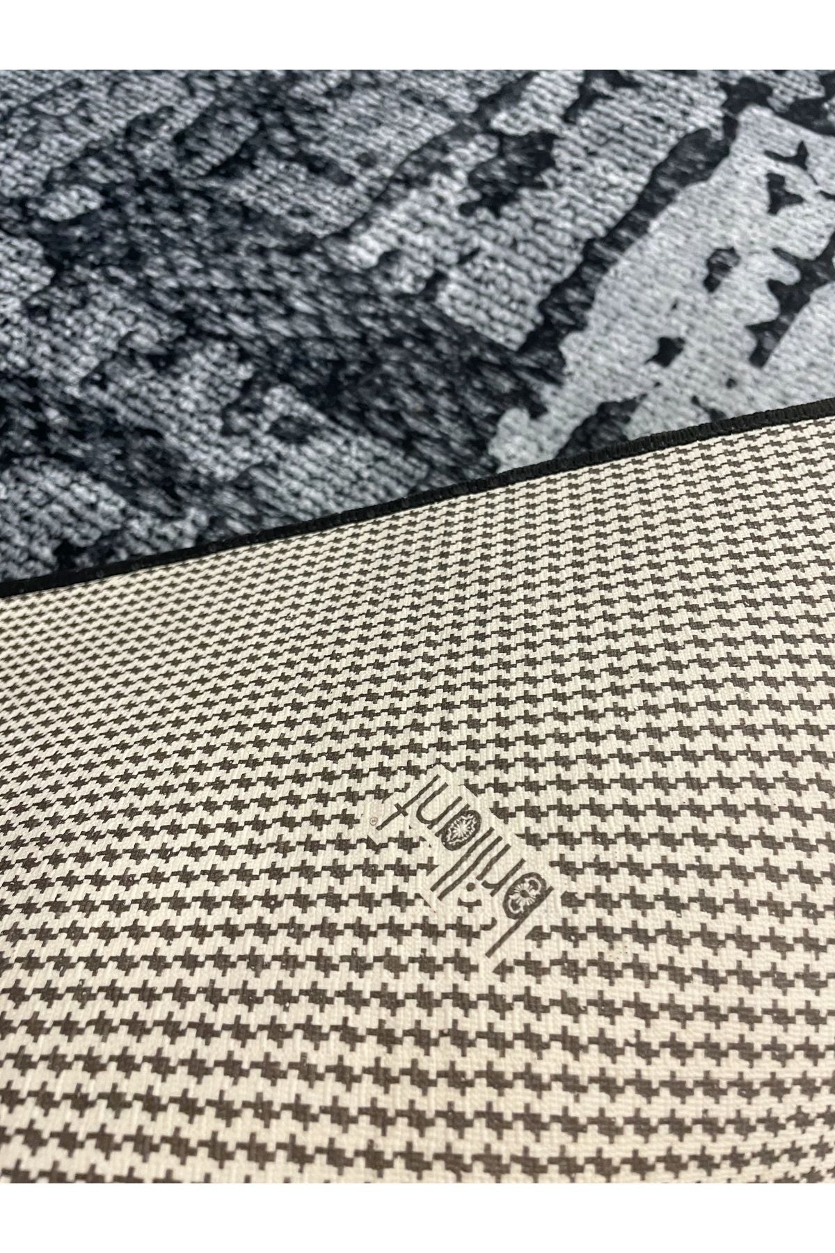 Beige-Blue Abstract Textured Look Latex Leather Base Rug