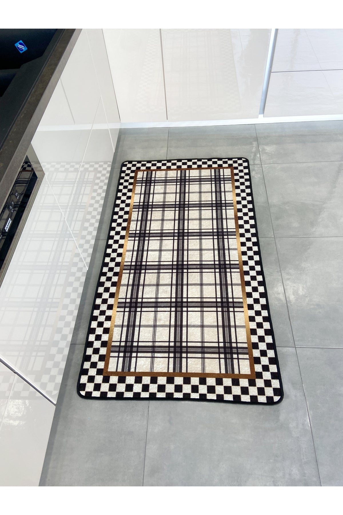 Checkered Plaid Patterned Latex Base Kitchen Rug