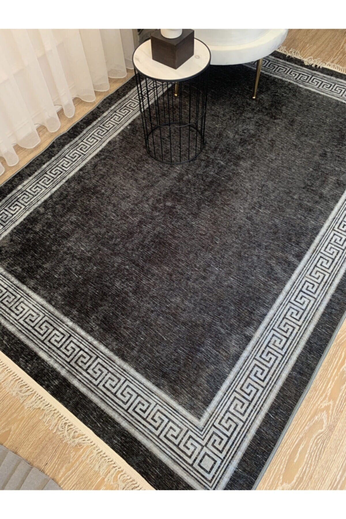 Brown Mink Bordered Latex Base Fringed Rug