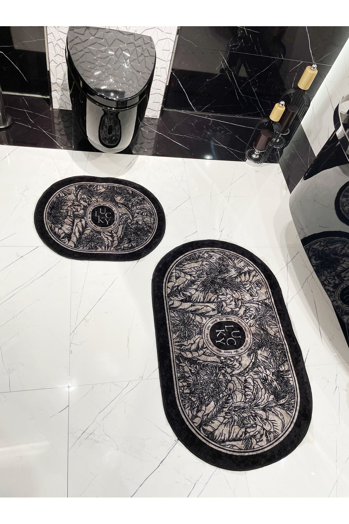 2-Piece Floral Pattern 60x100 - 60x50 Lucky Latex-Backed Bath Mat Set