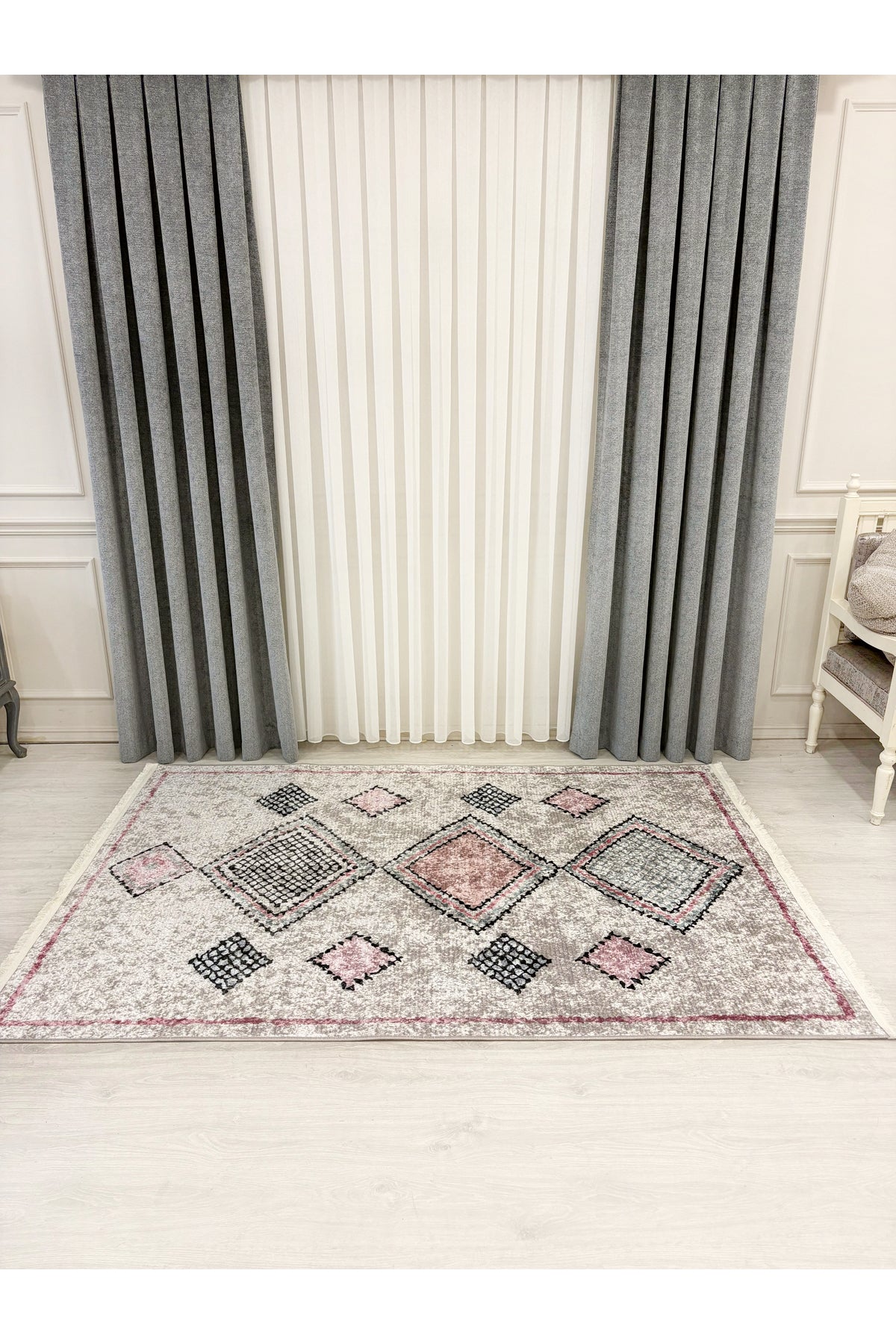 Beige - Powder Pink Ethnic Pattern Latex Non-Slip Base Rug