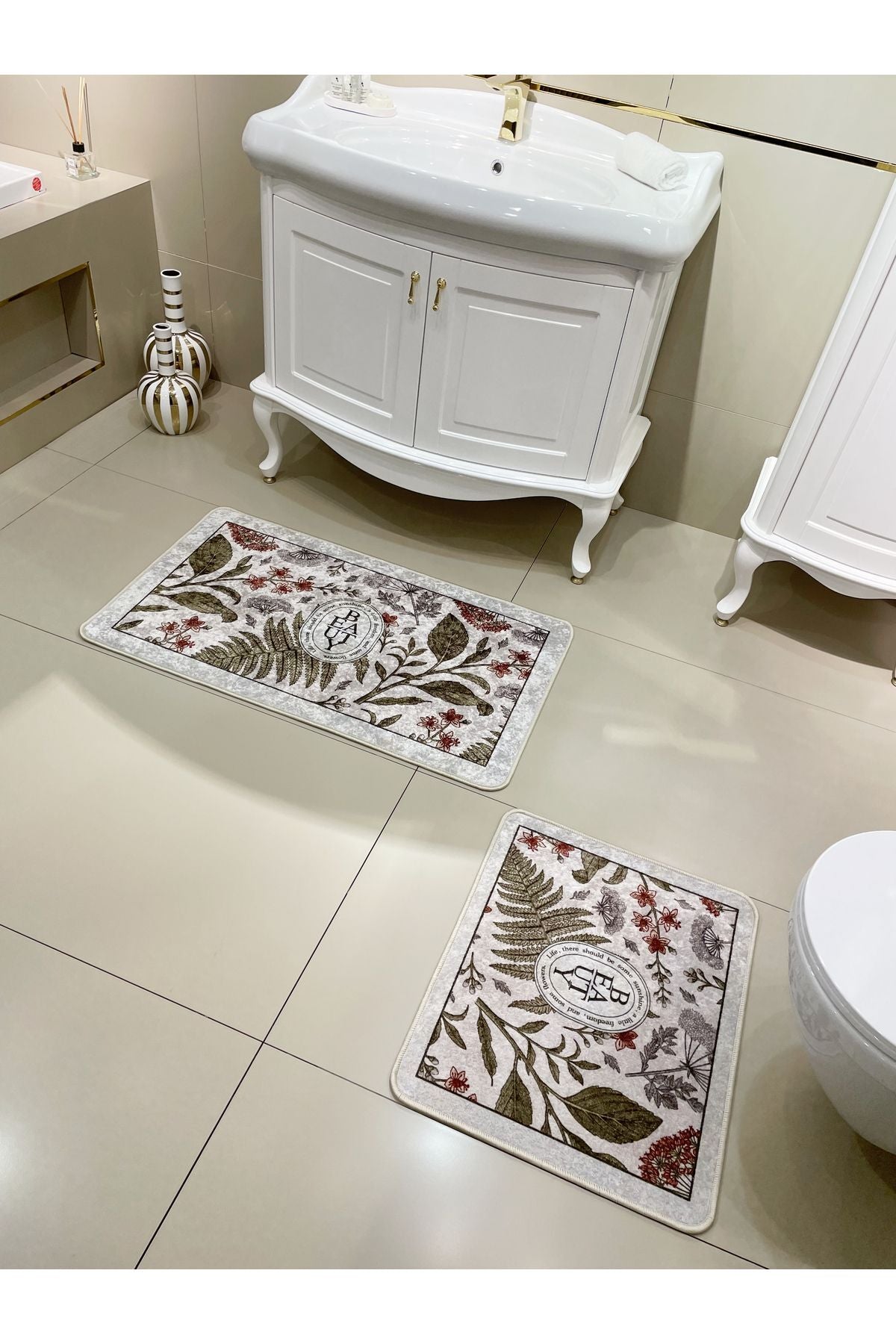 2-Piece Floral Pattern 60x100 - 60x50 Beauty Latex-Backed Bath Mat Set
