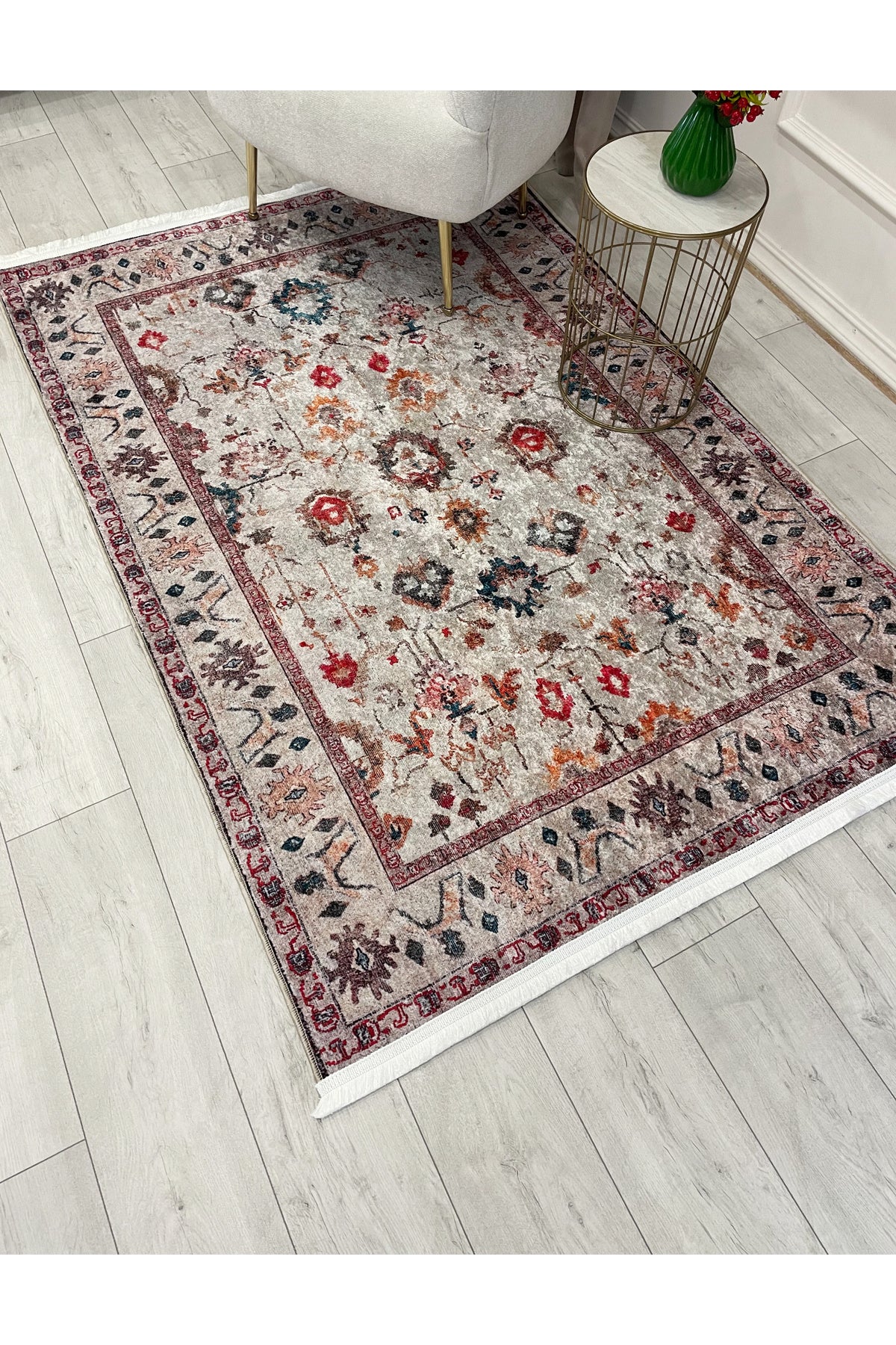 Beige Vintage Distressed Look Latex Base Rug