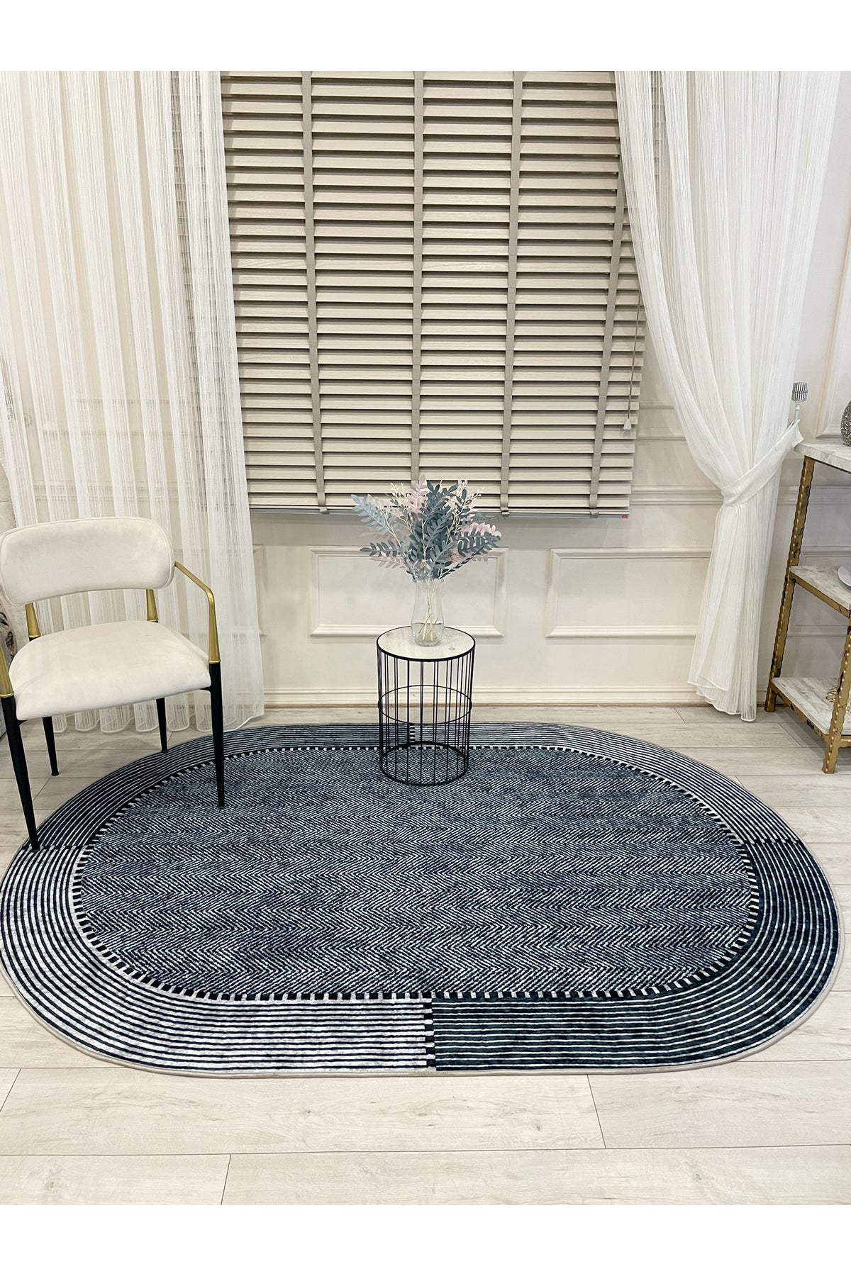 GRAY-NAVY Jute Sisal Look Non-Slip Base Rug