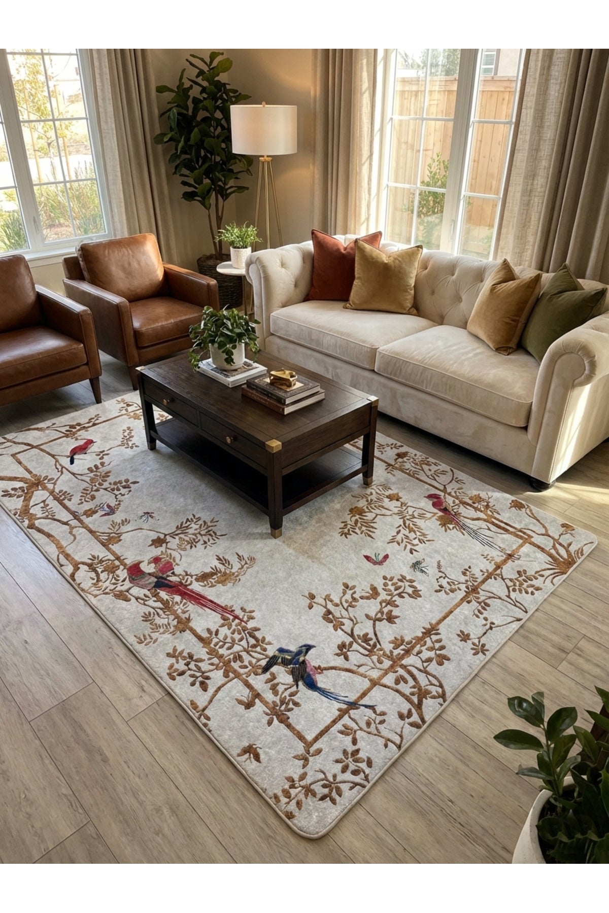 GRAY - Embroidery Look Bird Print Latex Base Runner Rug