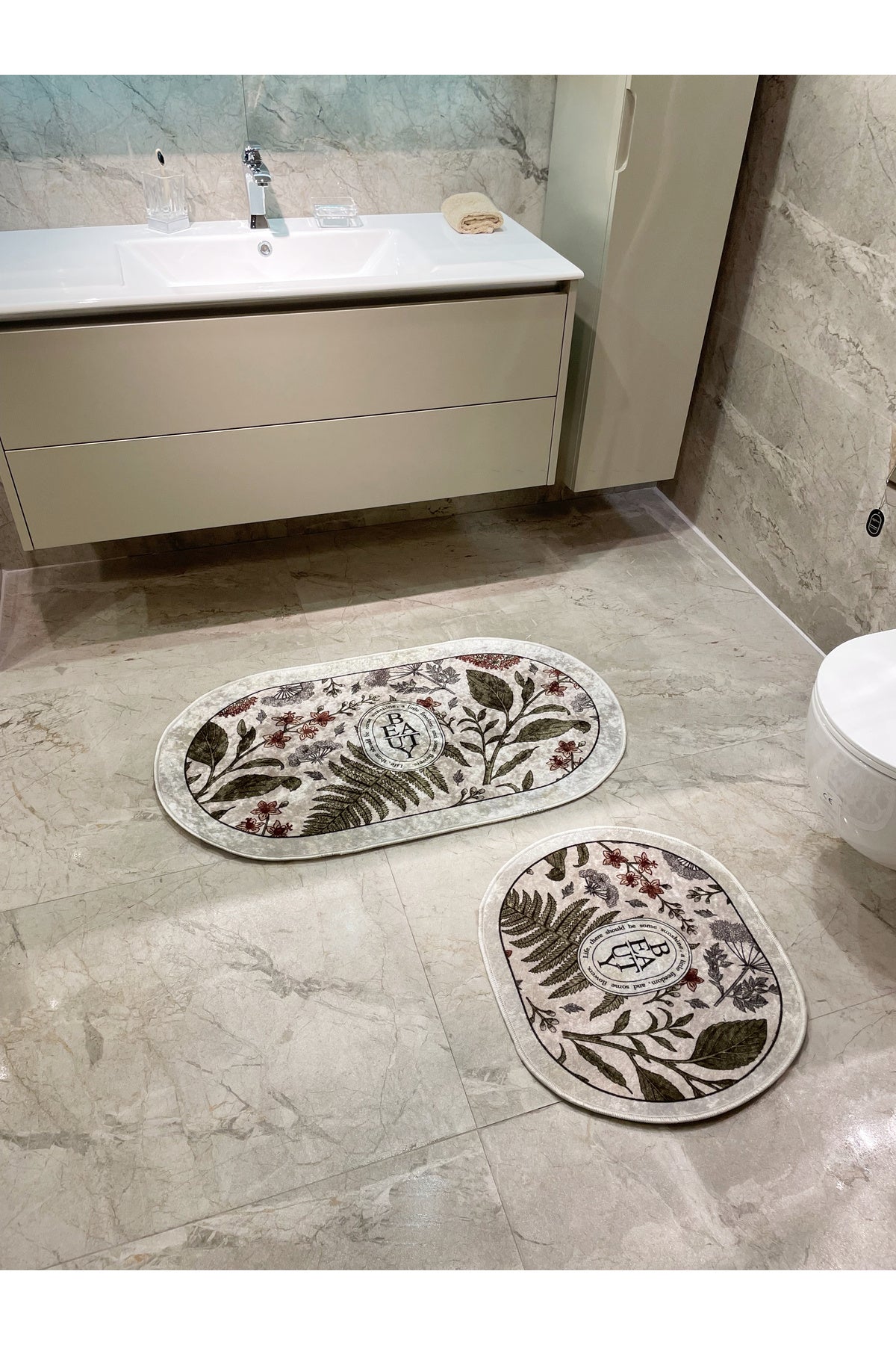 2 li Çiçek Desenli 60x100 - 60x50 Beauty Lateks Taban Banyo Paspas