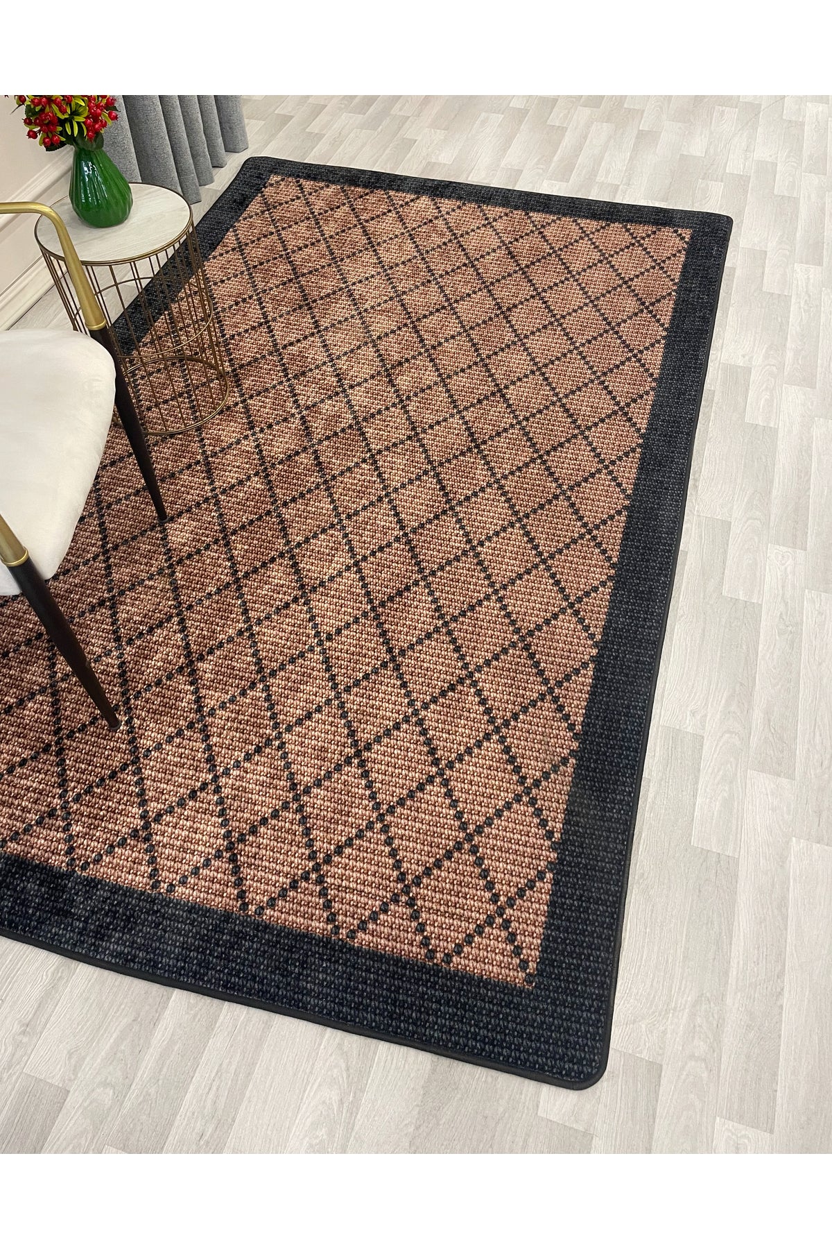 GREEN-BROWN Jute Sisal Look Bordered Non-Slip Base Runner Rug