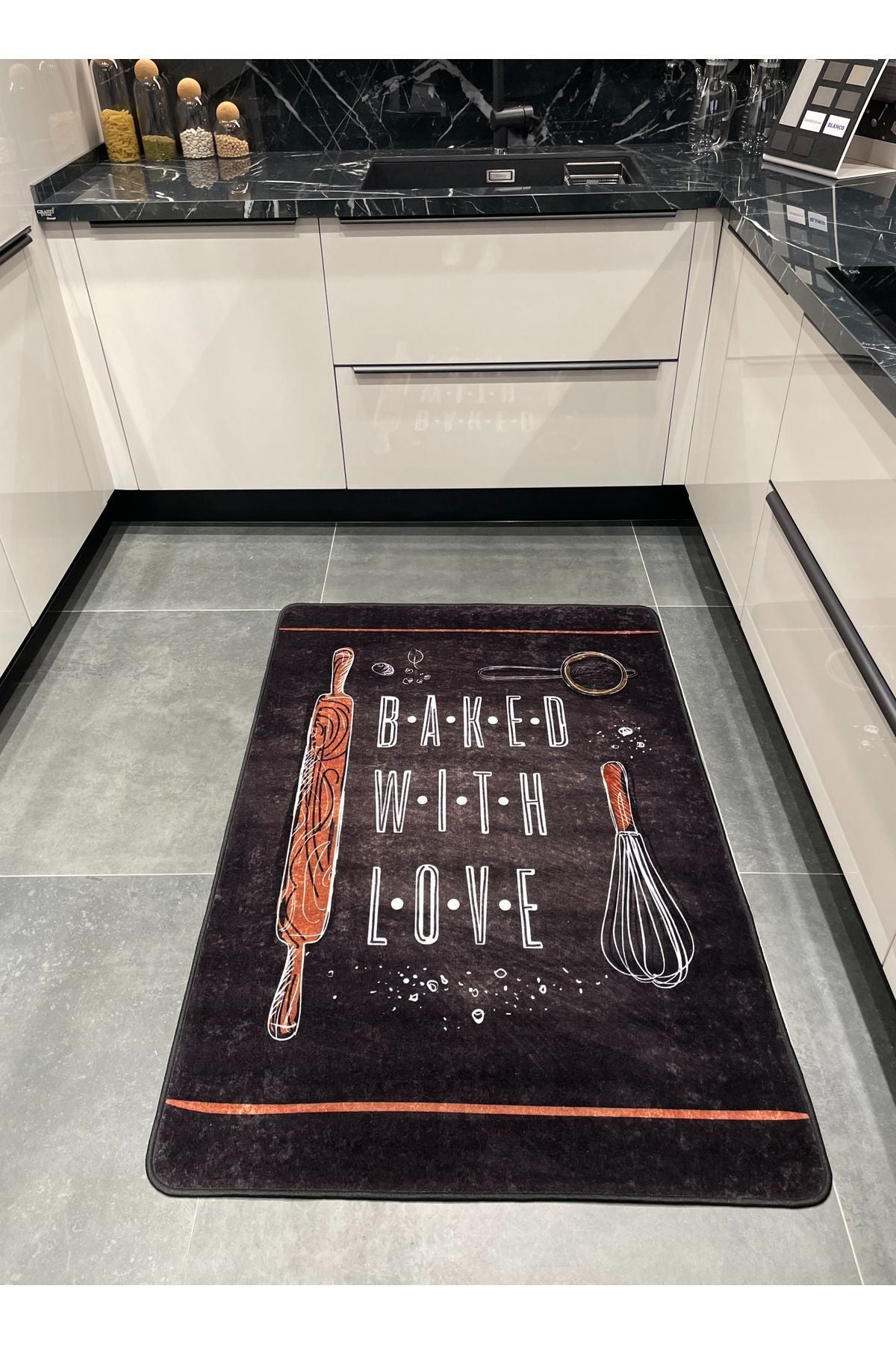 Baked With Love Slogan Kitchen Rug - BLACK