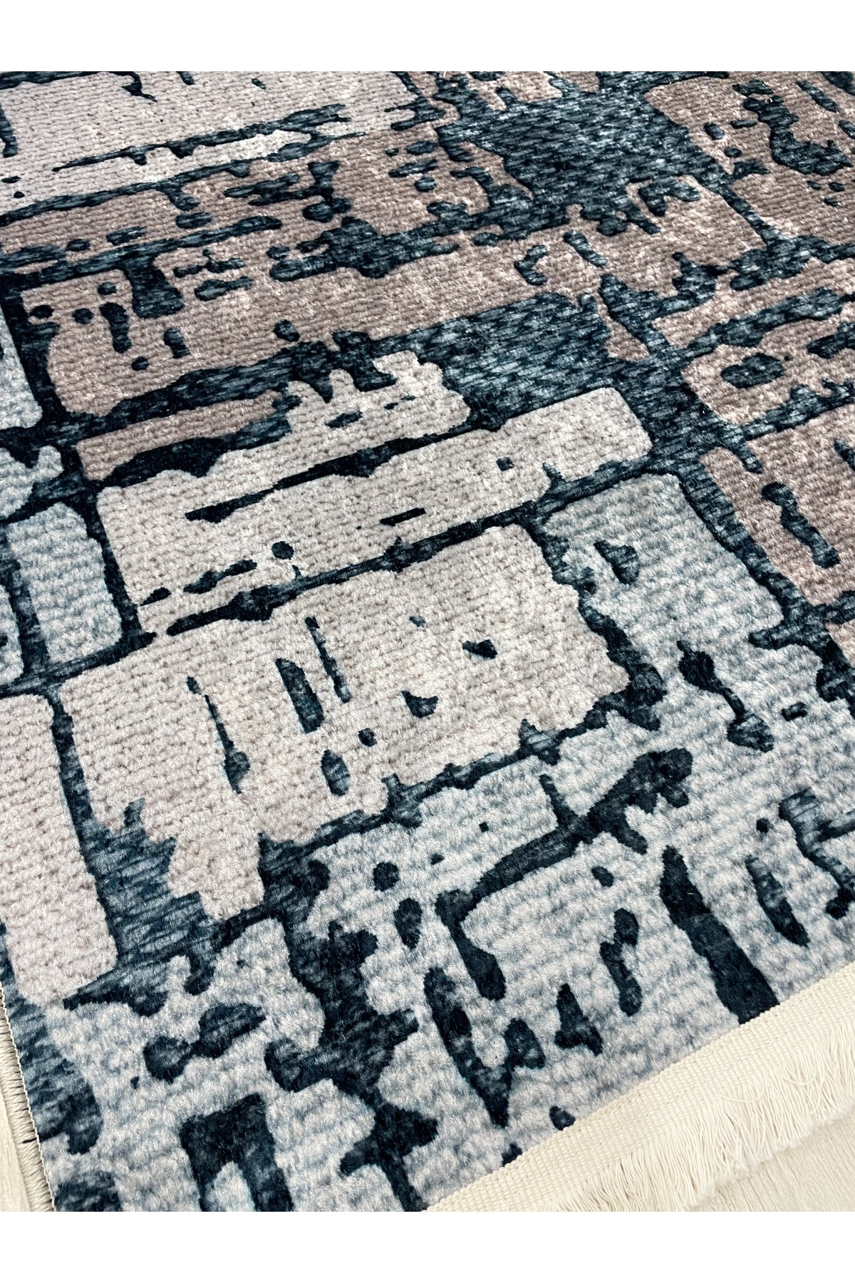 Beige-Blue Abstract Textured Look Latex Leather Base Rug