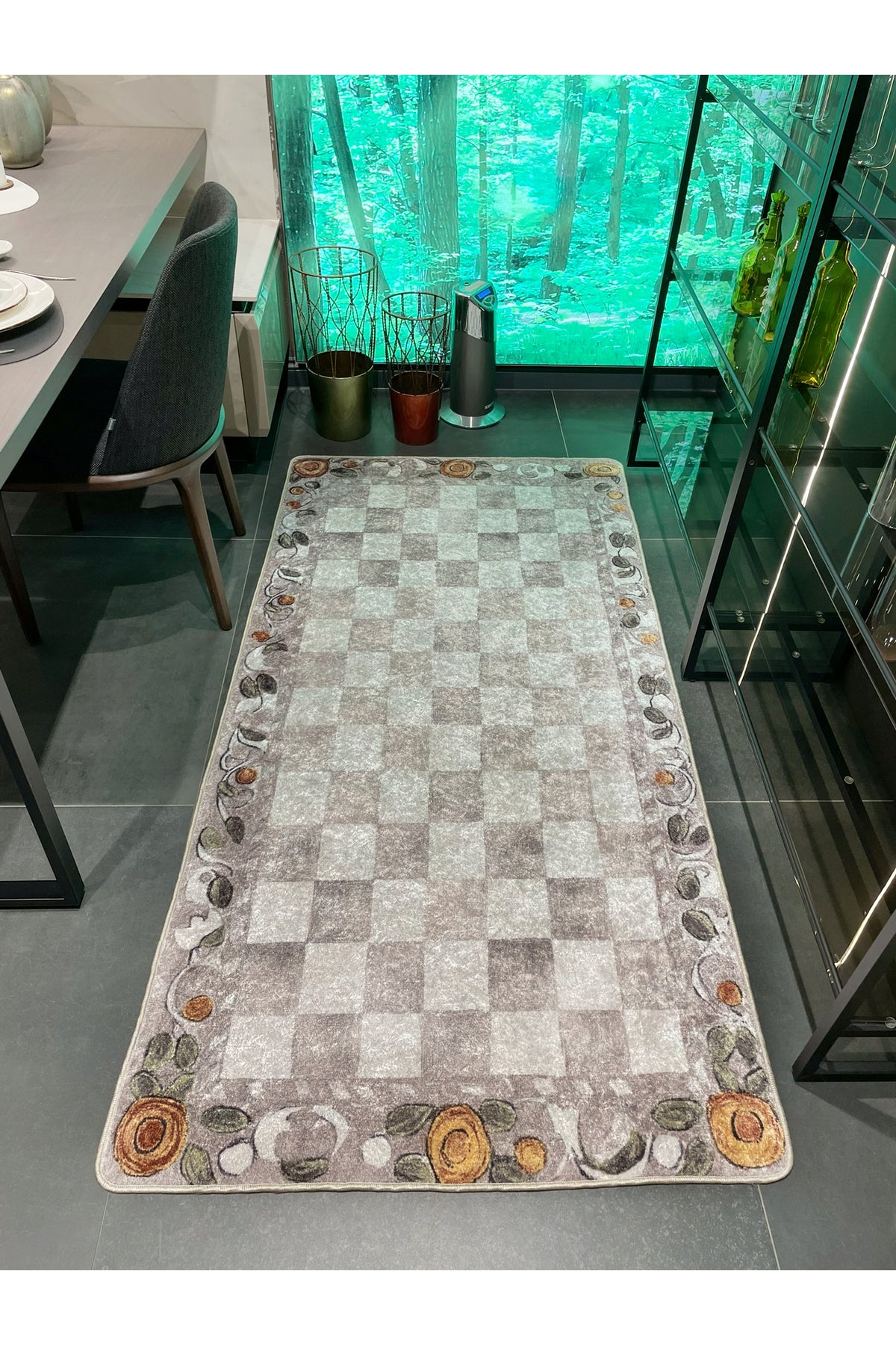 Beige Orange Checkered Pattern Non-Slip Base Kitchen Rug