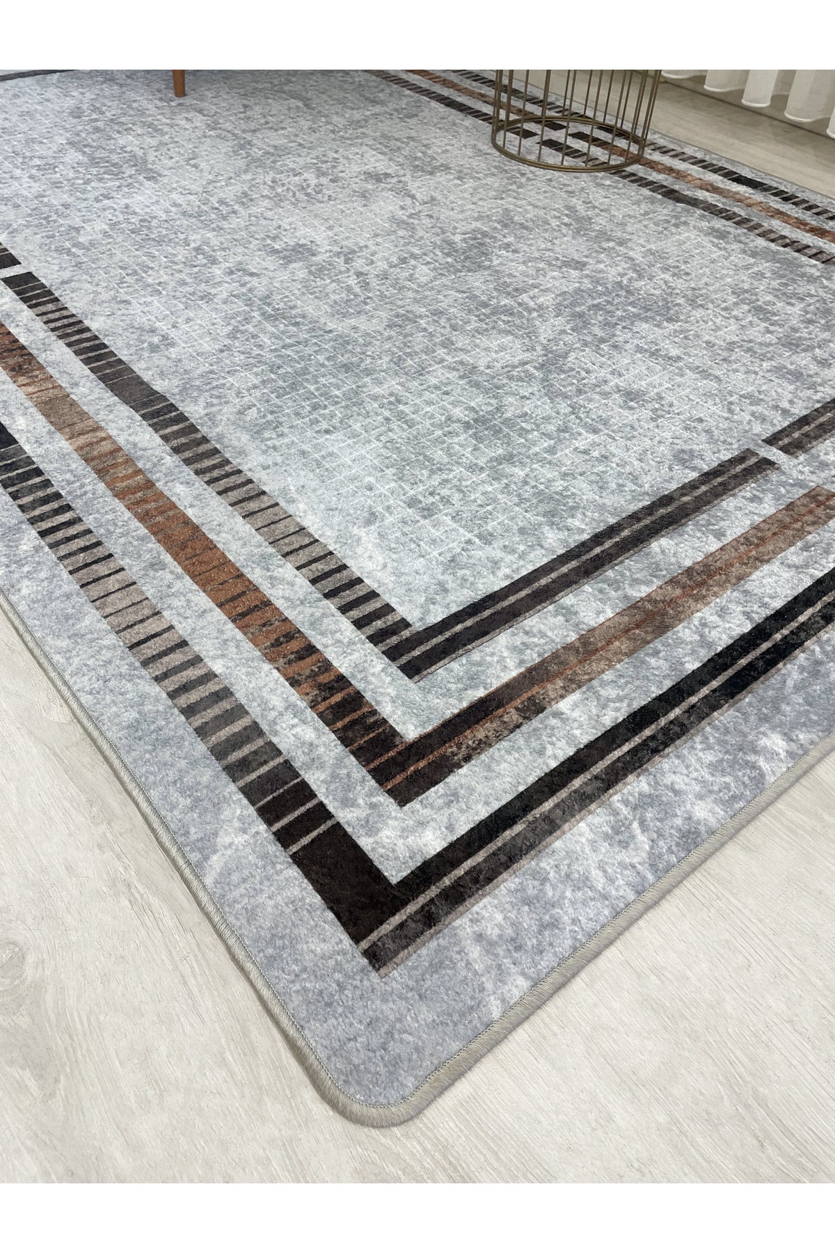 BEIGE Striped Bordered Non-Slip Base Framed Rug