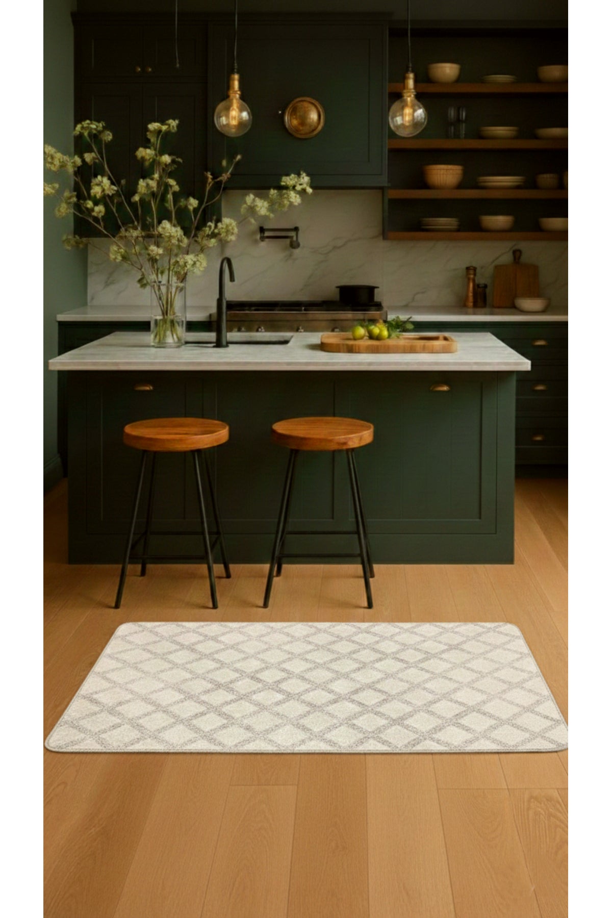 Diamond Pattern Beige Non-Slip Base Kitchen Rug