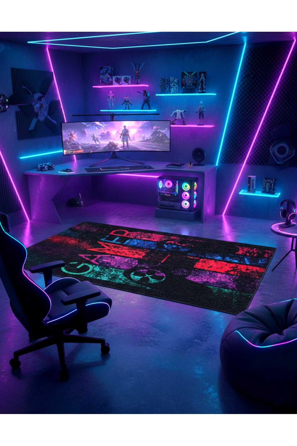 Gamer Gaming Black Youth Room Latex Leather Backing Rug